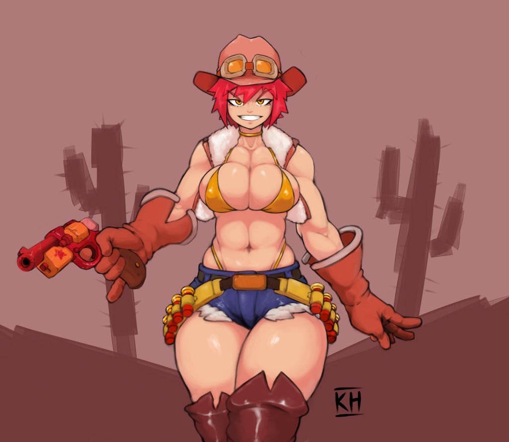 1girls ammo_belt ammunition bikini boots cactus cowboy_hat eyebrows eyelashes female female_only firearm fur_jacket glasses glasses_on_head gloves grin gun handgun high_boots jacket jean_shorts kelvin_hiu light_skin open_eyes original_character red_eyebrows red_hair revolver short_hair short_shorts shorts simple_background solo standing thick_thighs thighs weapon yellow_bikini yellow_eyes