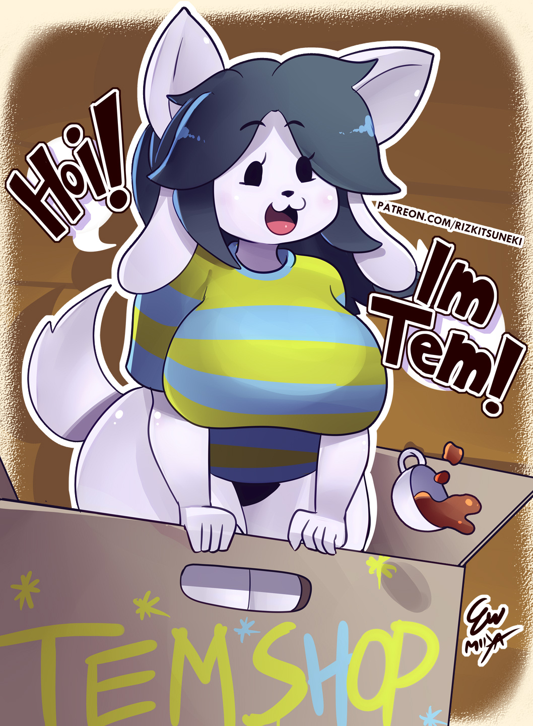 1girls :3 anthro big_breasts black_panties breasts cardboard_box chubby dialogue eyebrows_visible_through_hair female female_only floppy_ears fluffy_tail grey_hair long_ears long_hair miiyauwu open_mouth panties rizkitsuneki shirt solo striped_clothing striped_shirt temmie_(undertale) text thick_thighs undertale undertale_(series) voluptuous white_fur wide_hips