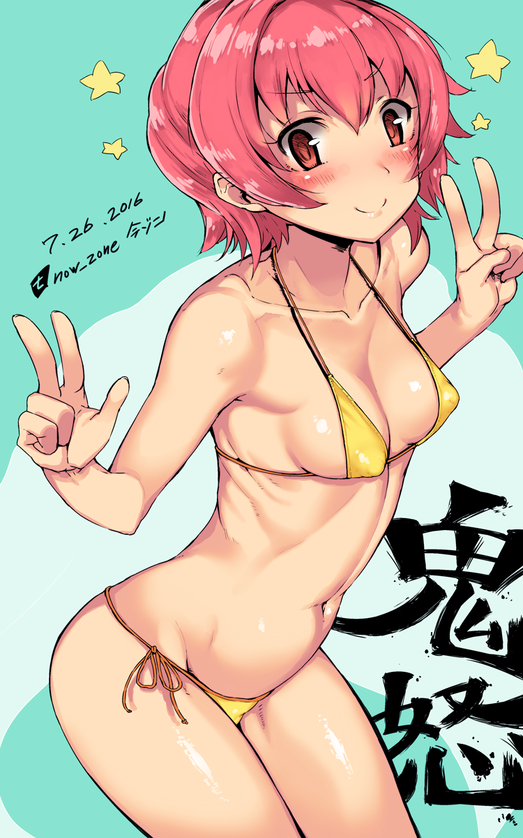 bikini blush double_v female female_only imazon kantai_collection kinu_(kantai_collection) looking_at_viewer nipple_bulge pink_hair red_eyes short_hair side-tie_bikini small_breasts smile solo swimsuit yellow_bikini