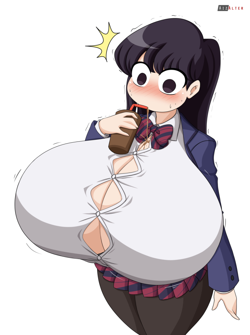 1girls, 2021, aizalter, big breasts, black hair, blush, breast expansion, breast growth, breast growth (enlargement), breasts, busty, clothed, clothes, clothing, drink, expansion, female, female only, giant breasts, gigantic breasts, growth, huge breasts, human, human only, humanoid, hyper breasts, komi shouko, komi-san wa komyushou desu, large breasts, legwear, massive breasts, mouthless, no mouth, school uniform, shocked, simple background, solo, solo female, suprised, teenage girl, top heavy, white background, white skin