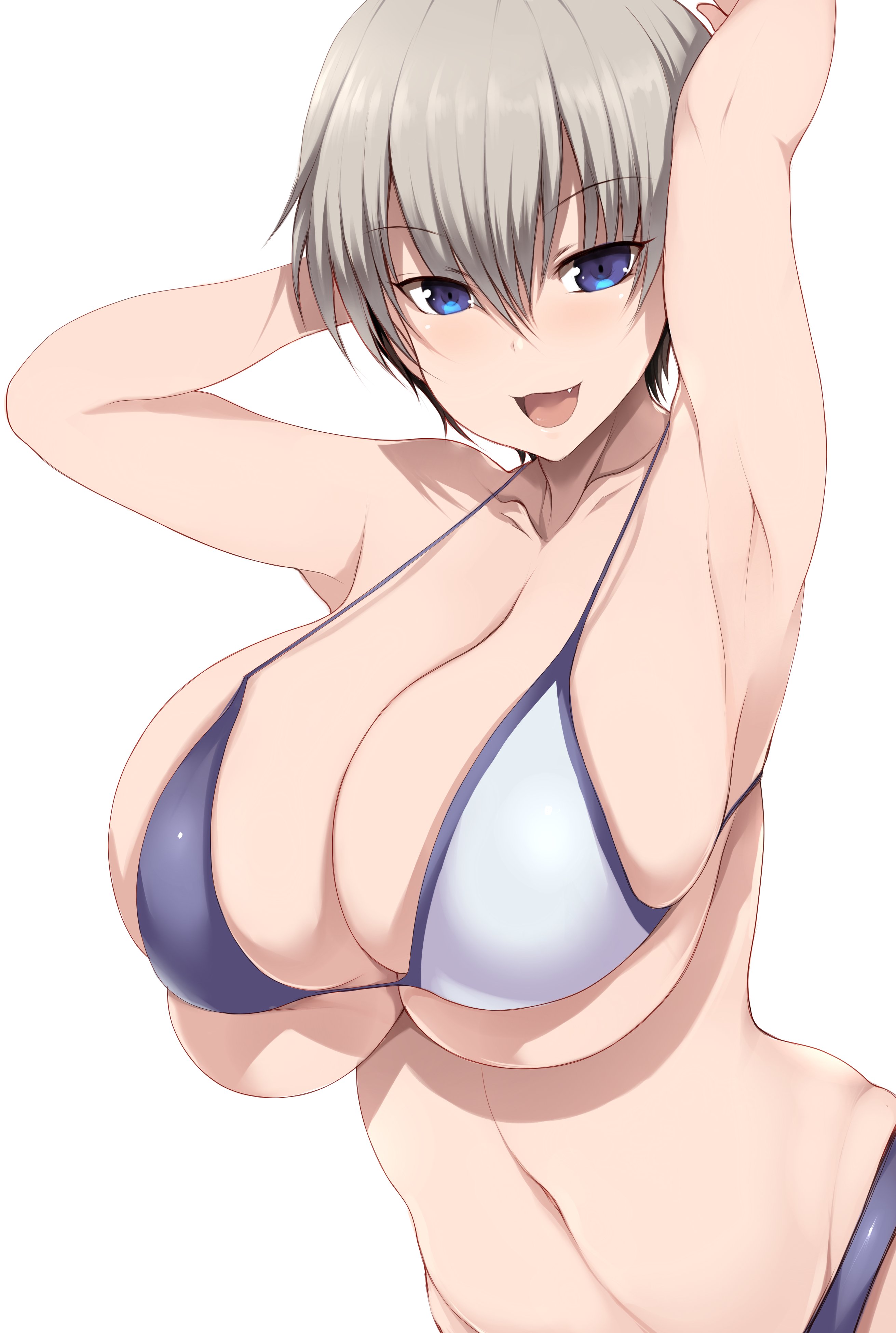 1girls, 2021, armpits, arms up, barely clothed, barely contained, bikini, blue eyes, breasts, cute fang, female, female only, grey hair, hi res, huge breasts, looking at viewer, massive breasts, naughty face, short hair, simple background, smile, suggestive look, tsukasawa takamatsu, uzaki hana, uzaki-chan wa asobitai!, white background