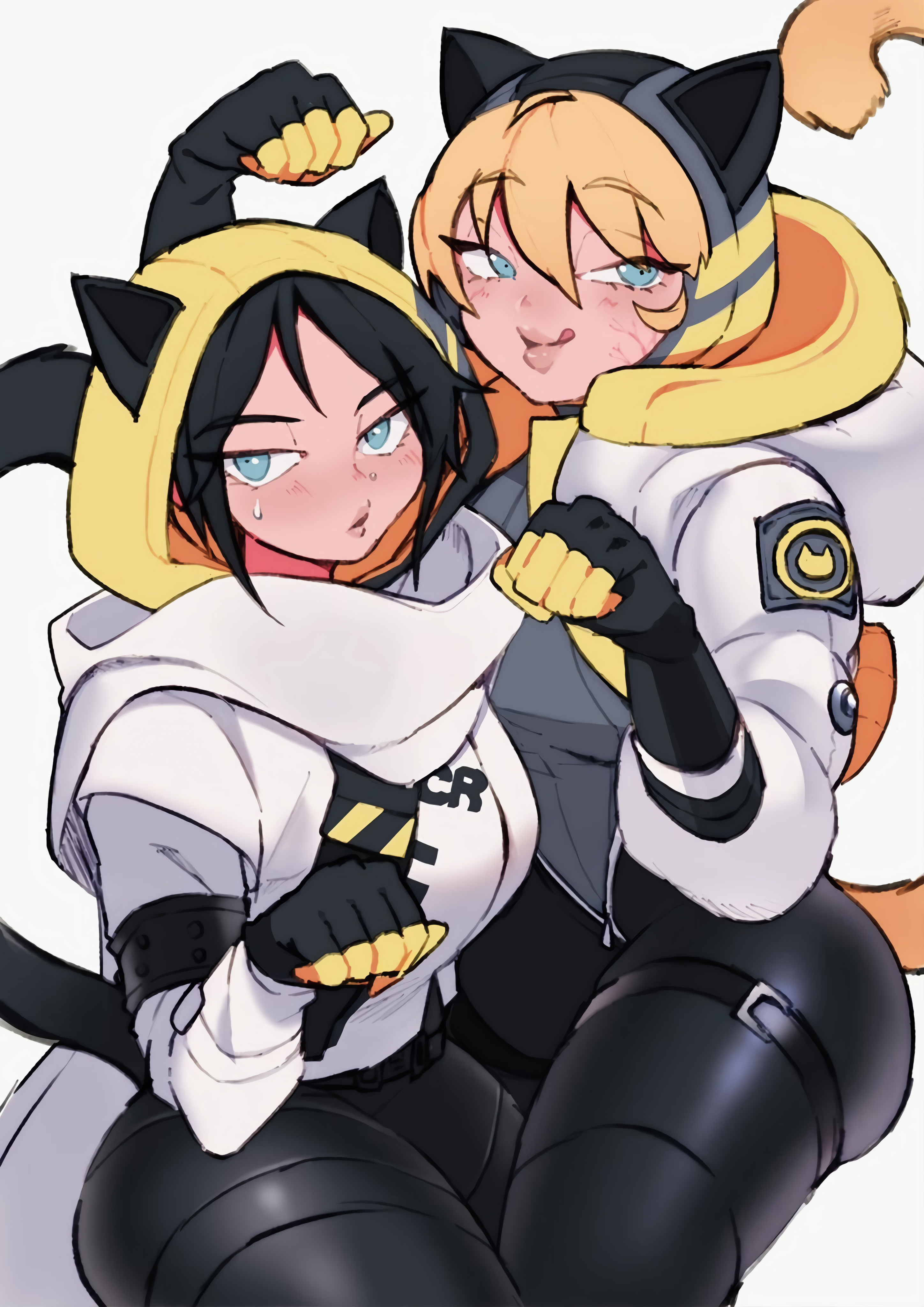2d, 2girls, apex legends, ass, belt, cat ears, cat tail, clothed, eyebrows visible through hair, female, horny, horny female, lichtenberg figure, naughty face, scar, simple background, thick, thick ass, thick hips, thick legs, thick thighs, tight clothes, tight clothing, tight pants, unknown artist, void prowler wraith, wattson (apex legends), wraith (apex legends)