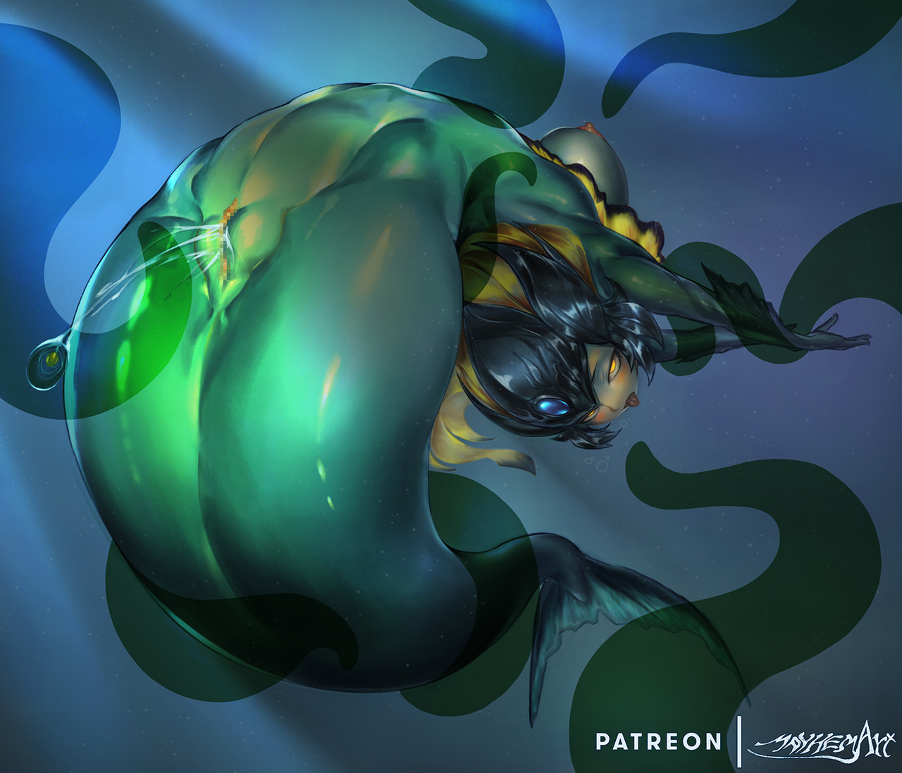 1girls, blush, breasts, censored, female, flexible, green skin, half-closed eyes, league of legends, looking at viewer, marai, mayhem (artist), merfolk, mermaid, mosaic censoring, nami (league of legends), nipples, nude, nude female, pussy, pussy ejaculation, pussy juice, tagme, tentacle, tentacle around arm, tentacle around tail, tentacle around waist, underwater, vastaya, yellow eyes, yellow hair