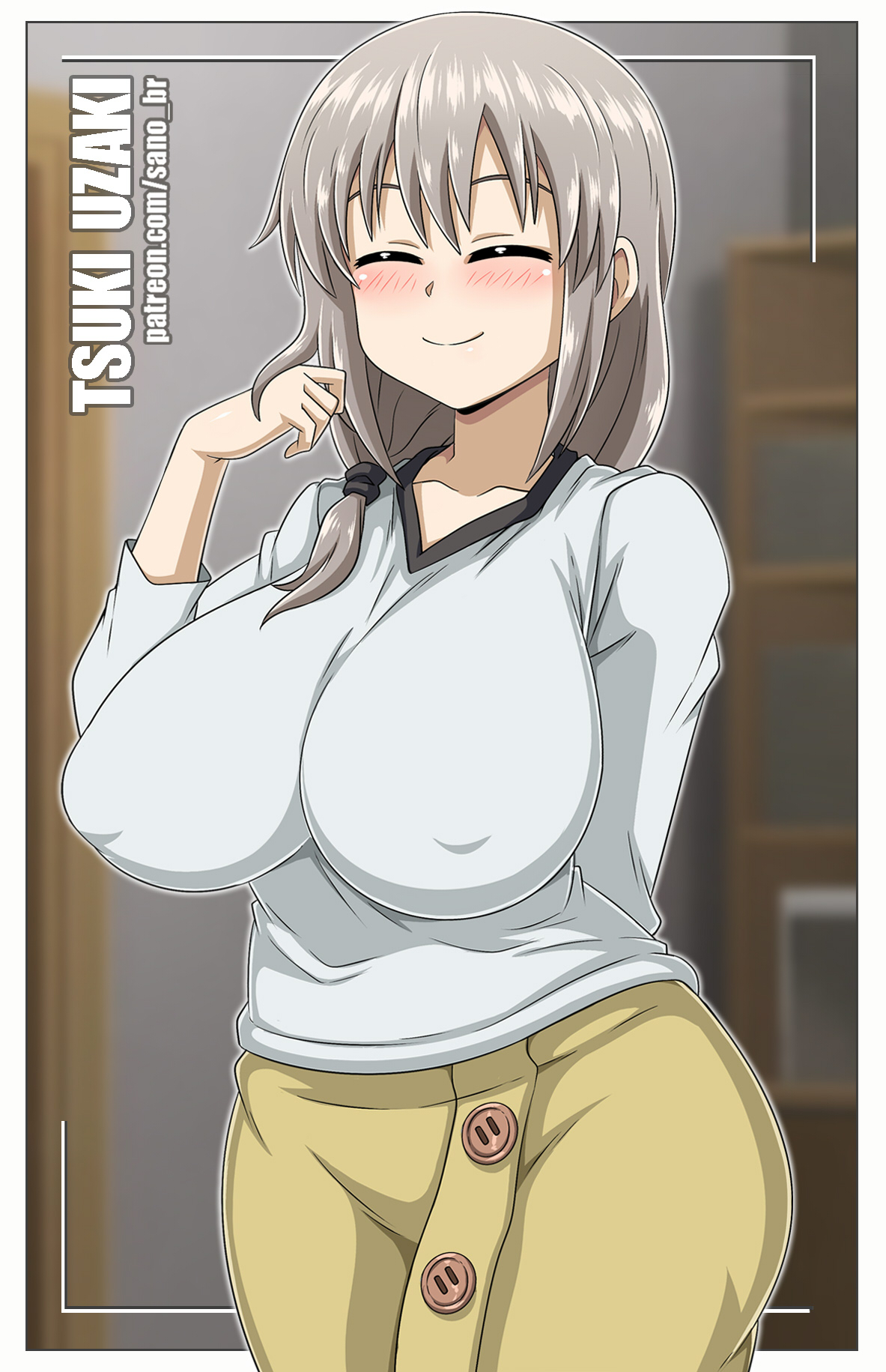 1girls, big breasts, blush, breasts, closed eyes, female, fully clothed, huge breasts, large breasts, mature female, milf, nipple bulge, sano-br, smile, solo, standing, uzaki tsuki, uzaki-chan wa asobitai!, voluptuous, wide hips