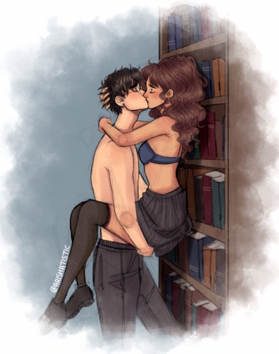 1boy, 1girls, against bookshelf, against wall, arishatistic, black hair, blush, bookshelf, bra, breasts, brown hair, carrying, carrying partner, duo, eyewear, female, footwear, glasses, grabbing head, gryffindor, hair, half-dressed, harry james potter, harry potter, hermione granger, holding, human, human on human, human only, imminent sex, kiss mark, kissing, kneehighs, library, lifting person, light skin, light-skinned female, light-skinned male, long hair, lowres, making out, male, miniskirt, mostly nude, round glasses, school uniform, schoolgirl, shirtless male, shoes, short hair, side view, skirt, slim waist, small breasts, socks, standing, stockings, straight, underwear, watermark, witch (harry potter)