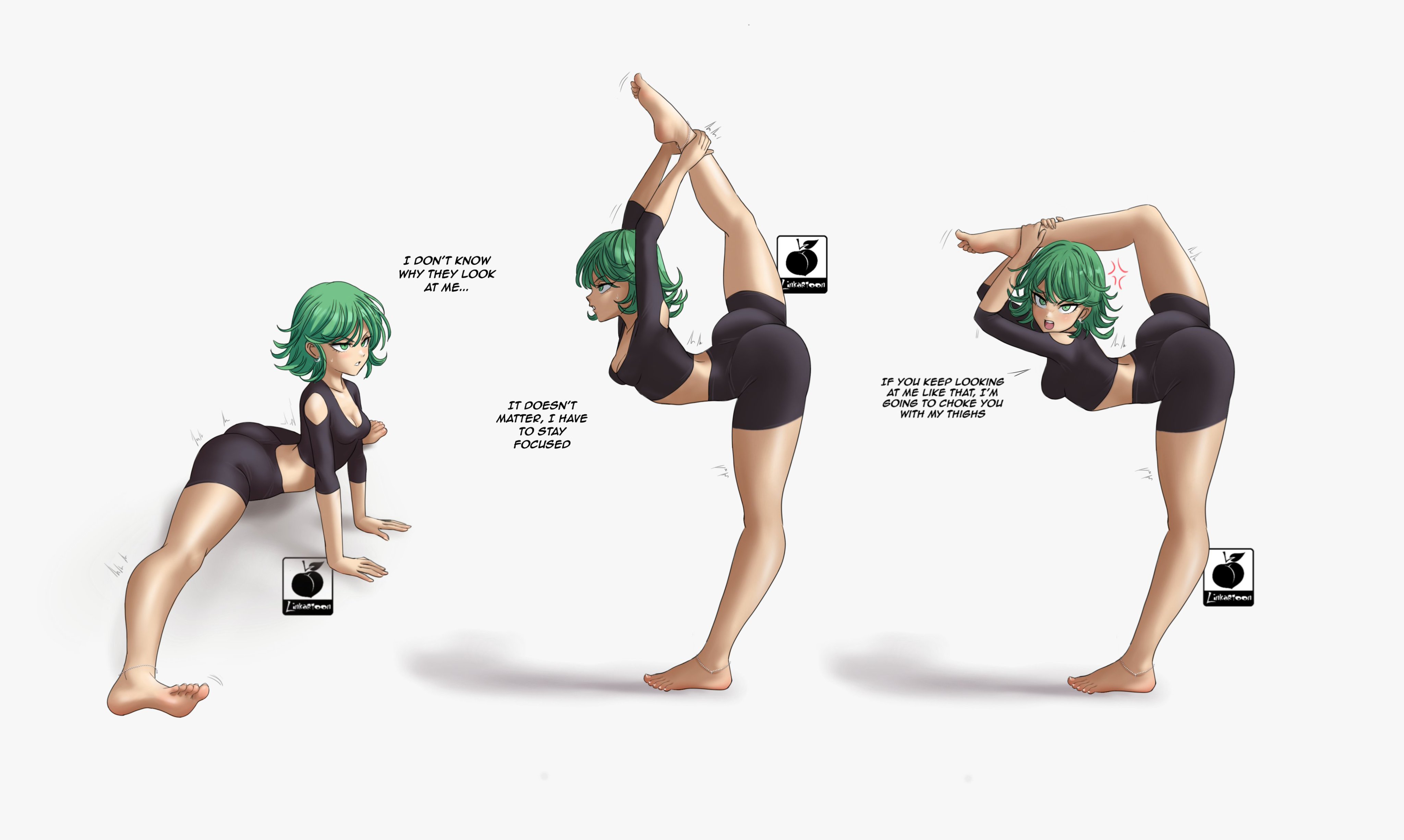 1girls, angry, anklet, annoyed, annoyed expression, artist logo, ass, big ass, big butt, breasts, english text, female, green eyes, green hair, linkartoon, nail polish, one-punch man, petite, petite body, small breasts, stretching, tagme, tatsumaki, tsundere