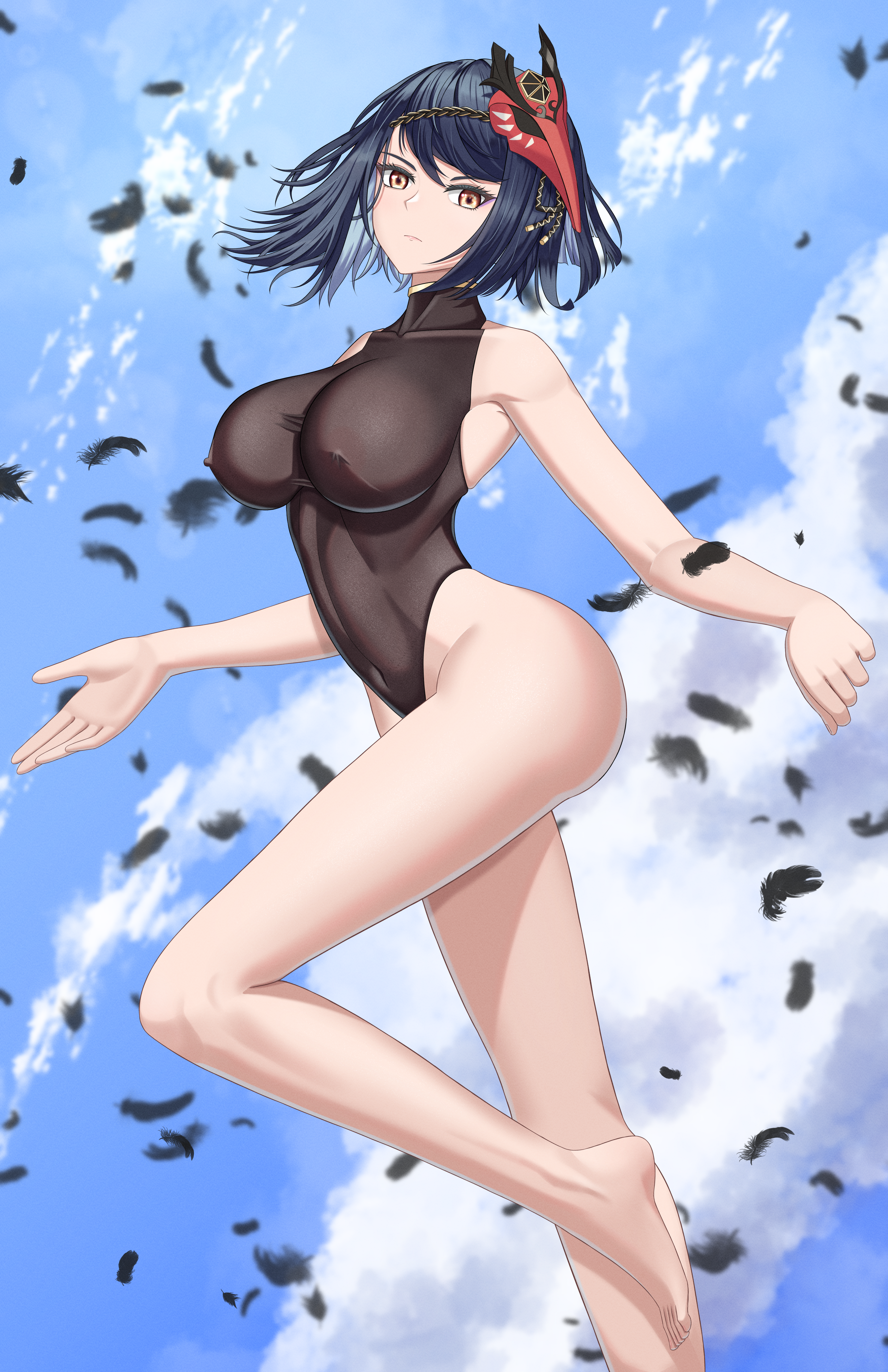 1girls, abs, absurd res, ass, bangs, belly, big breasts, blue hair, breaslarts, breasts, collarbone, detailed background, erect nipples, feathers, feet, female, genshin impact, hair ornament, hi res, highres, huge breasts, kujou sara, leotard, looking at viewer, midriff, nipple bulge, nipples, nipples visible through clothing, see-through, see-through clothing, short hair, shoulders, sky, solo, suzhi2333, thick thighs, thighs, yellow eyes
