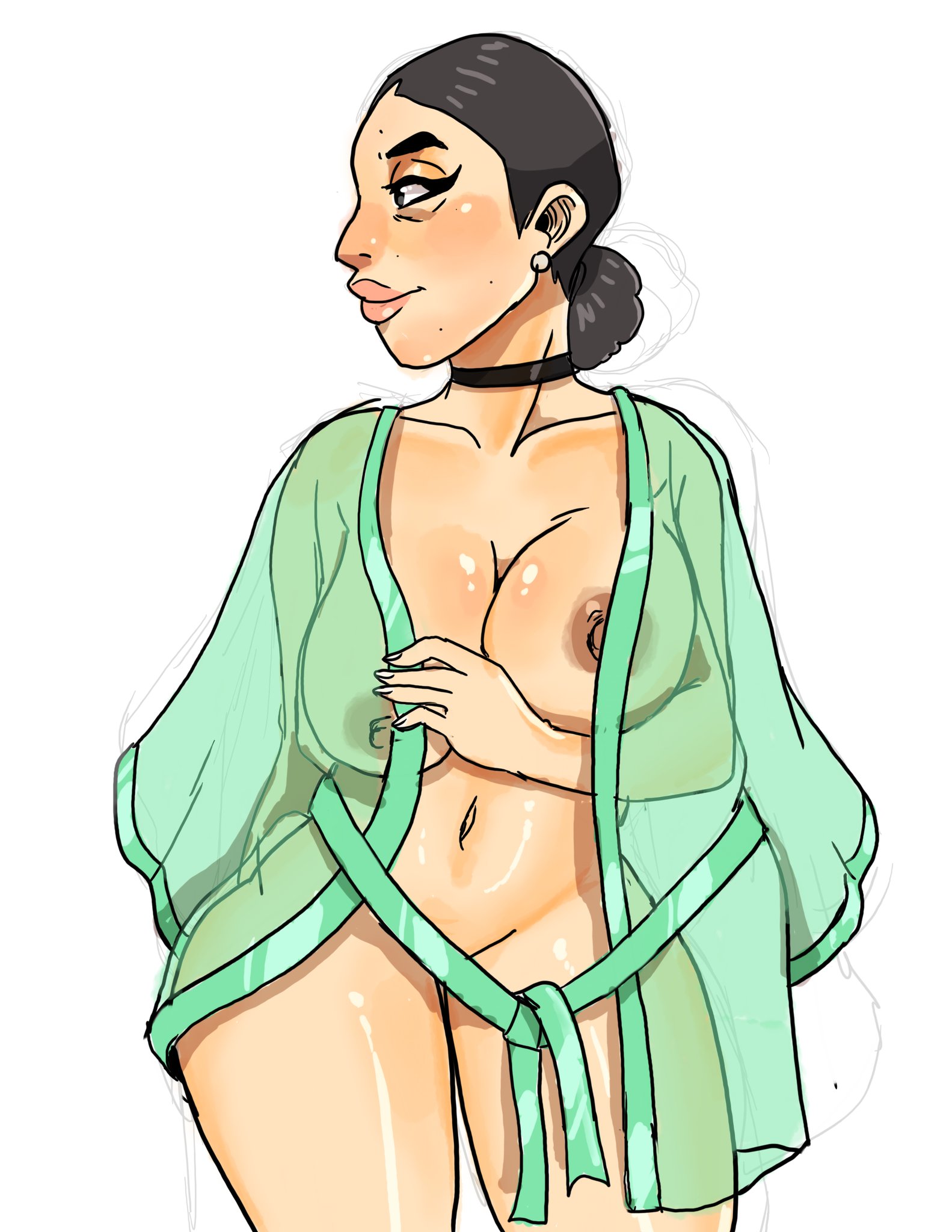 1girls, areolae, asian, asian female, black hair, choker, debbie grayson, deborah grayson, female, female only, hair bun, image comics, invincible, invincible (comics), light skin, light-skinned female, lingerie, looking to the side, mature female, milf, mother, robe, smmyart, solo, thick thighs, translucent, wide hips