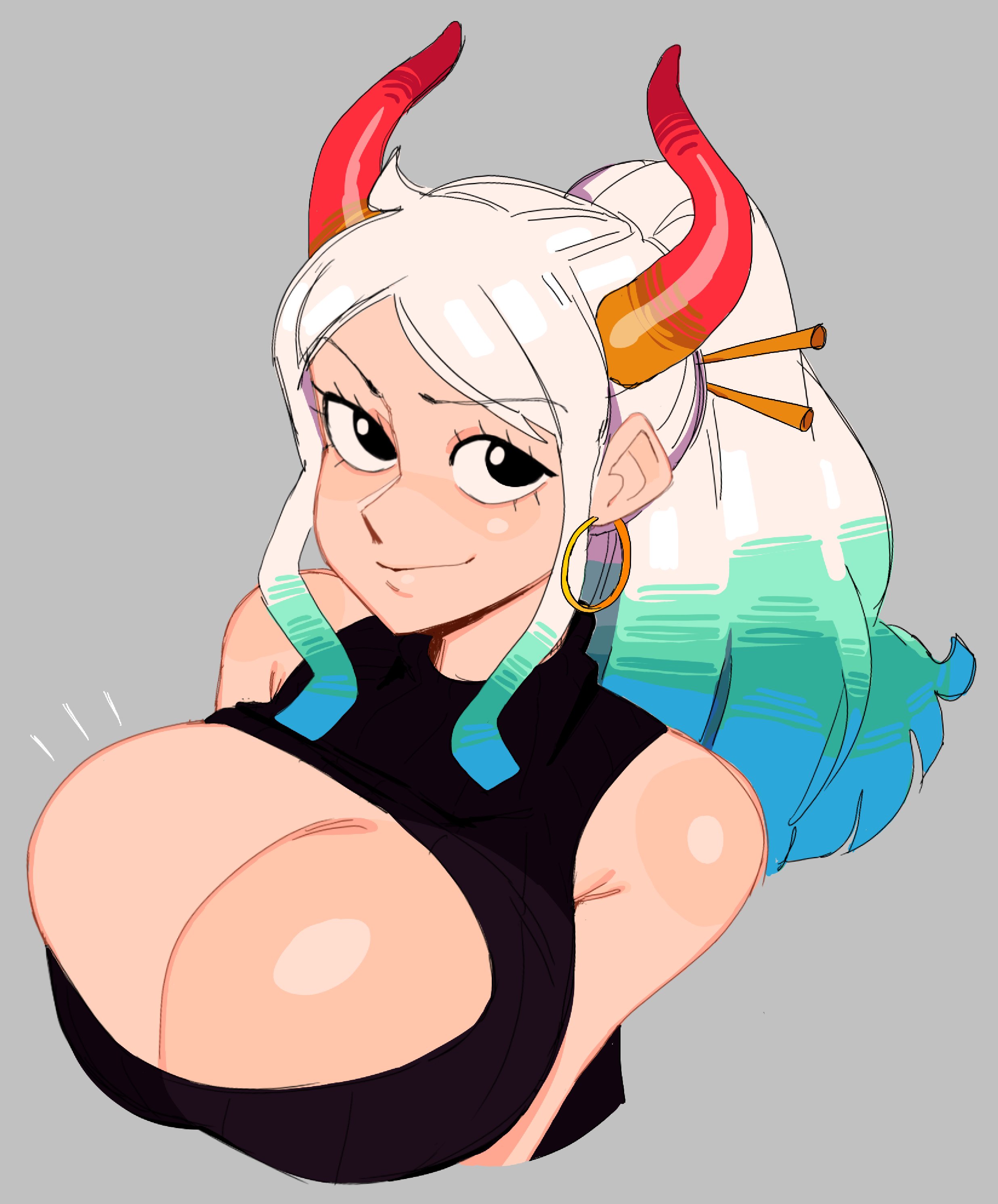 1girls, alternate costume, big breasts, blue hair, breasts, brown eyes, clothed, clothing, curvy, doodle, ear piercing, earrings, eye contact, female, female only, gradient hair, hi res, highres, hoop earrings, horned humanoid, horns, huge breasts, humanoid, light skin, light-skinned female, long hair, looking at viewer, multicolored hair, nezulet, one piece, oni, oni female, oni horns, ponytail, revealing clothes, simple background, solo, two tone hair, upper body, white hair, yamato (one piece), youkai