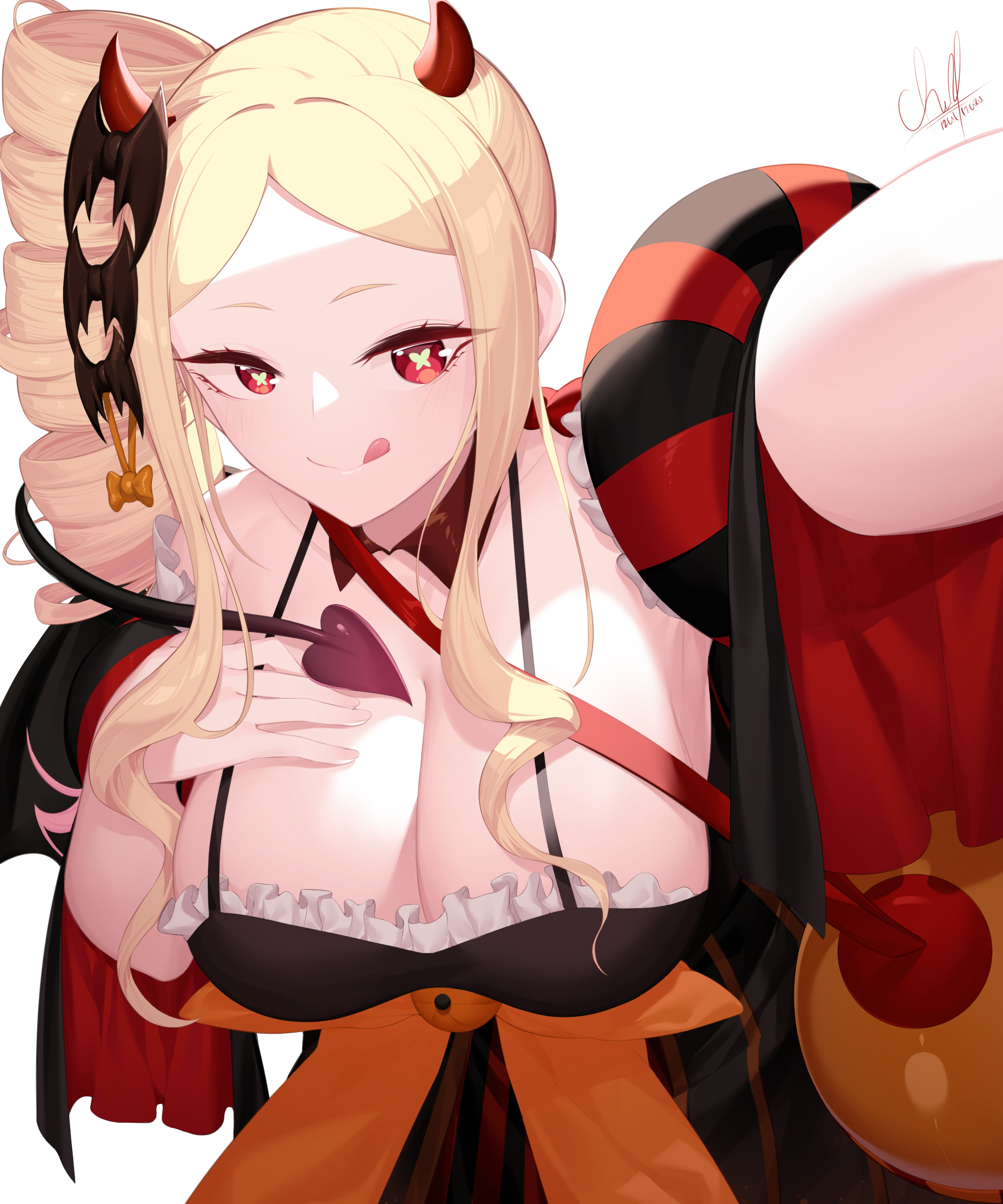 aged up, alternate breast size, alternate costume, alternate eye color, alternate hairstyle, armpits, beatrice (re:zero), beckoning, blonde hair, bow, breasts, cleavage, commission, demon, demon girl, demon horns, demon tail, demon wings, drill hair, female, hand on own chest, horns, izulizuru, large breasts, leaning forward, licking lips, long hair, looking at viewer, older, outstretched arm, re:zero kara hajimeru isekai seikatsu, red eyes, second-party source, sidelocks, solo, symbol-shaped pupils, tail, wings