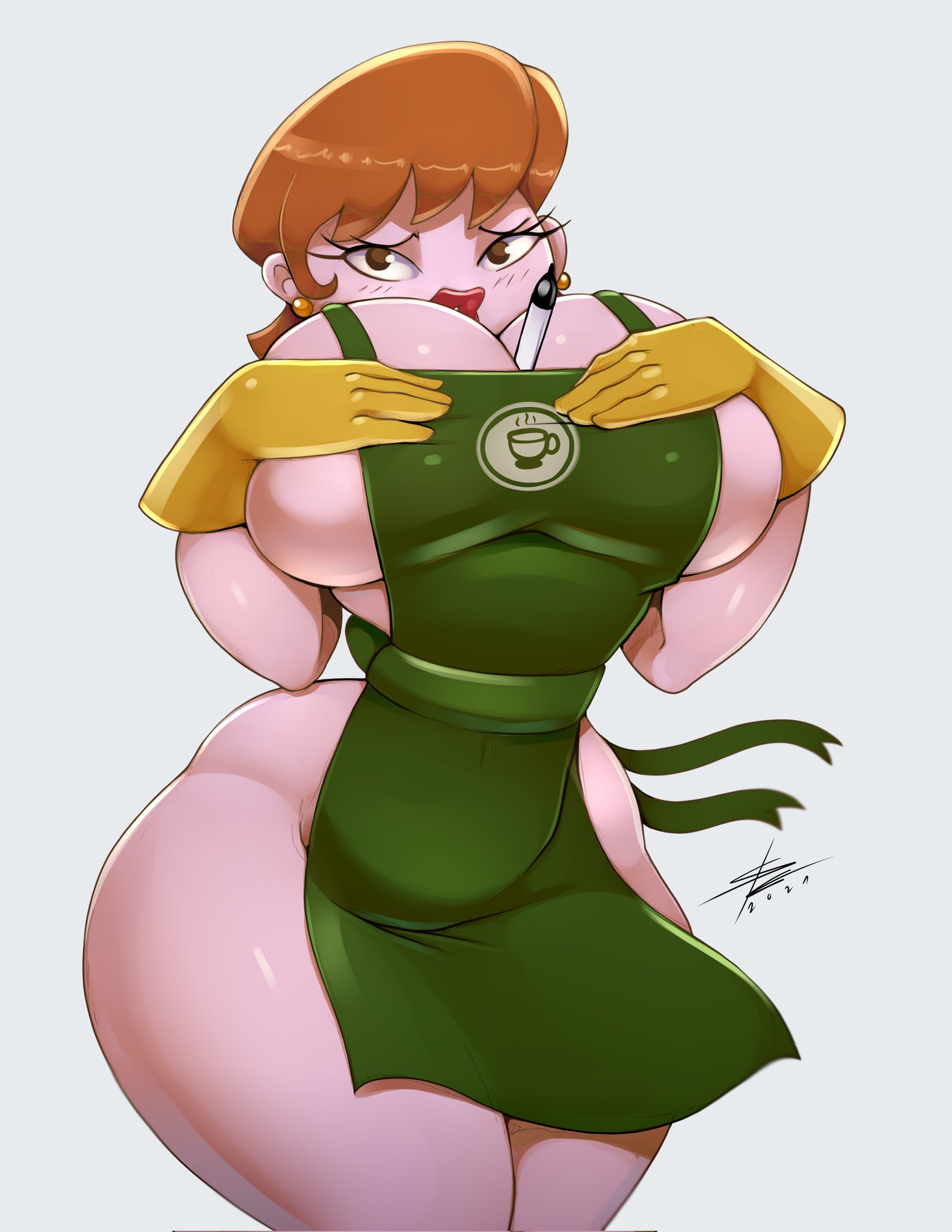 1girls, apron, big breasts, breasts, dexter's laboratory, dexter's mom, embarrassed, female, gloves, grabbing own breast, hourglass figure, iced latte with breast milk, latex, latex gloves, light skin, light-skinned female, looking at viewer, meme, naked apron, sergioghi, short hair, thick thighs, wide hips, yellow gloves