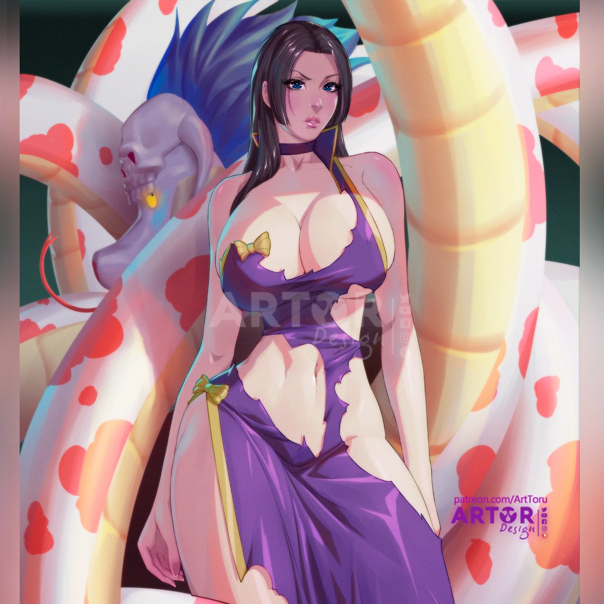 1girls, almost naked, animal, arttoru, big breasts, black hair, black-haired female, boa hancock, breasts, female, female focus, female only, huge breasts, one piece, ripped clothing, solo