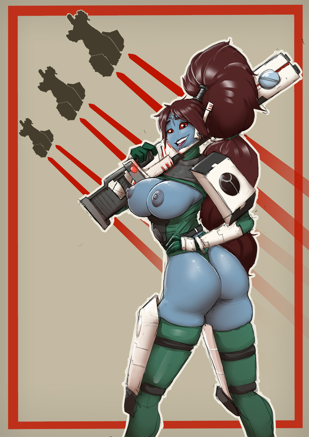 1girls 4_fingers alien alien_girl ass beam_rifle blue_skin breasts breasts_out brown_hair cleavage clothed darkminou energy_weapon farsight_enclave green_leotard grey_nipples headgear high_ponytail holding_gun large_breasts long_hair multiple_hair_ties nipples no_bra no_nose pauldrons propaganda red_sclera tau textless thighhighs thong_leotard warhammer_(franchise) warhammer_40k