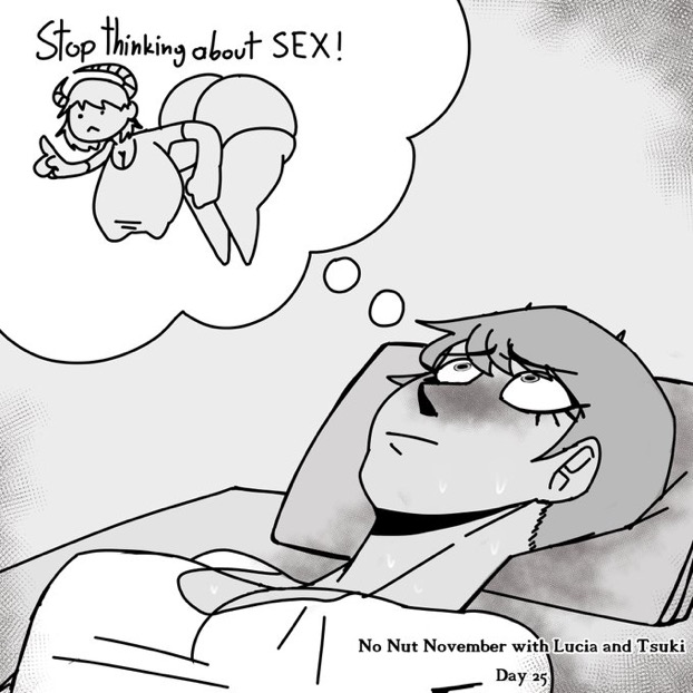 1futa, ass, bent over, better version at source, big ass, big breasts, blush, breasts, clothed, clothing, demon, demon girl, female, fobi, fully clothed, futa only, futanari, horns, huge ass, humanoid, implied futa, intersex, laying down, laying on bed, meme, might fail, monochrome, no nut november, solo, stop thinking about sex, text, thick thighs, thought bubble, wide hips