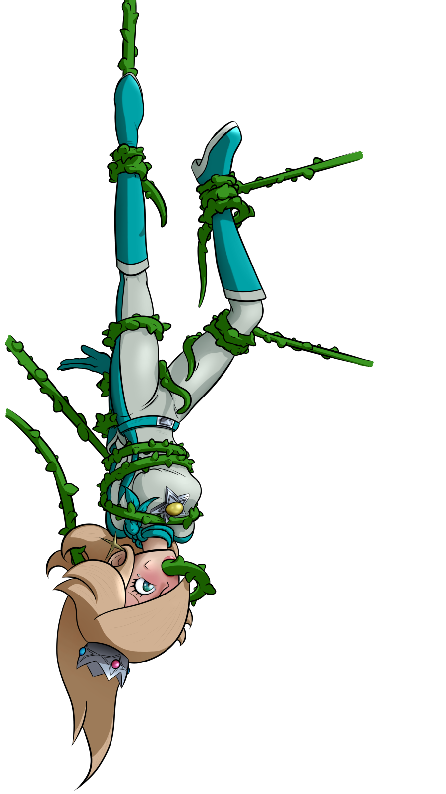 blonde_hair bodysuit bondage bound female female_focus femsub mario_(series) mario_kart oral princess_rosalina racing_suit tentacle upside-down vine_in_mouth vines