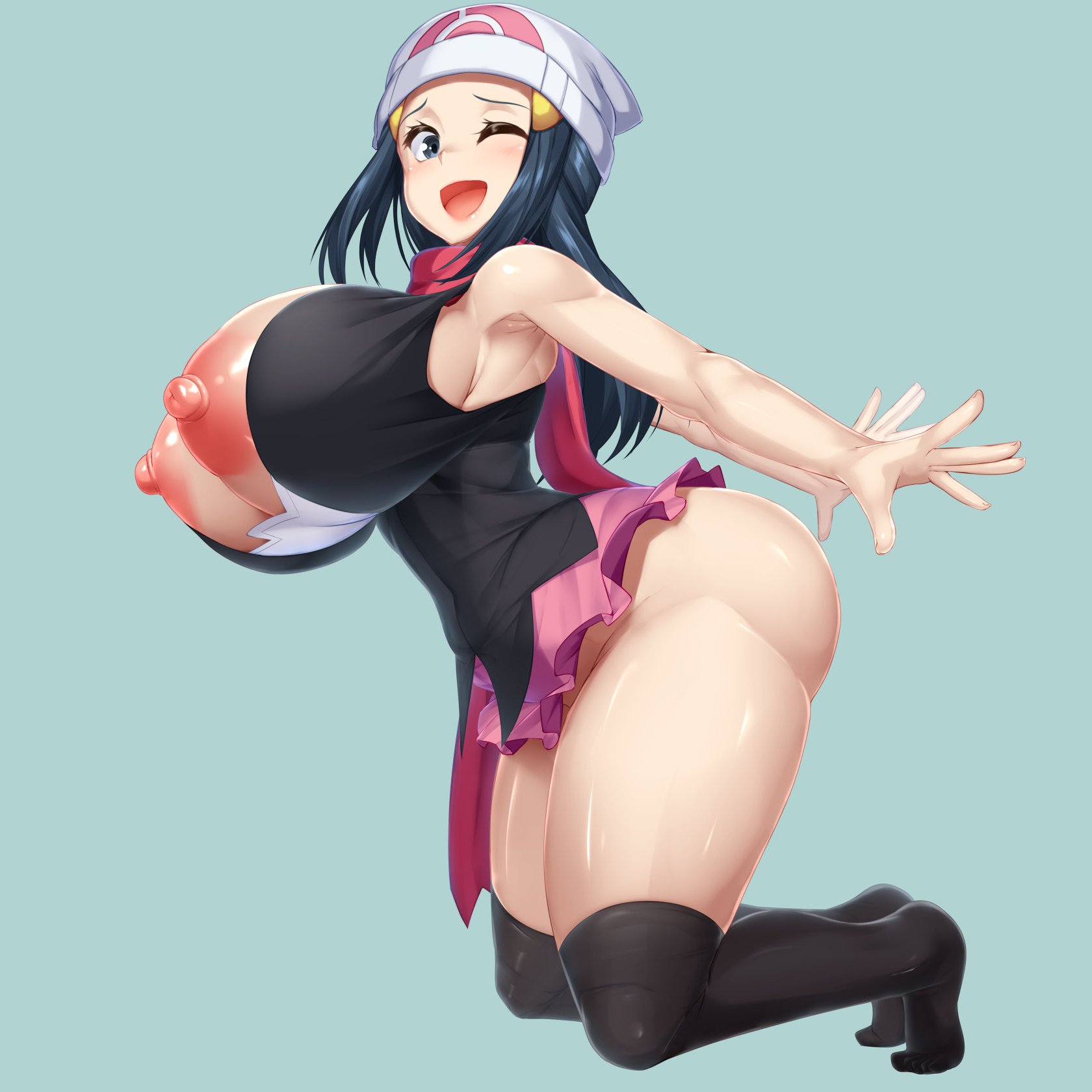 1girls, blue hair, breasts, dawn (pokemon), female, kawahagitei, large breasts, long hair, pokemon, winking at viewer