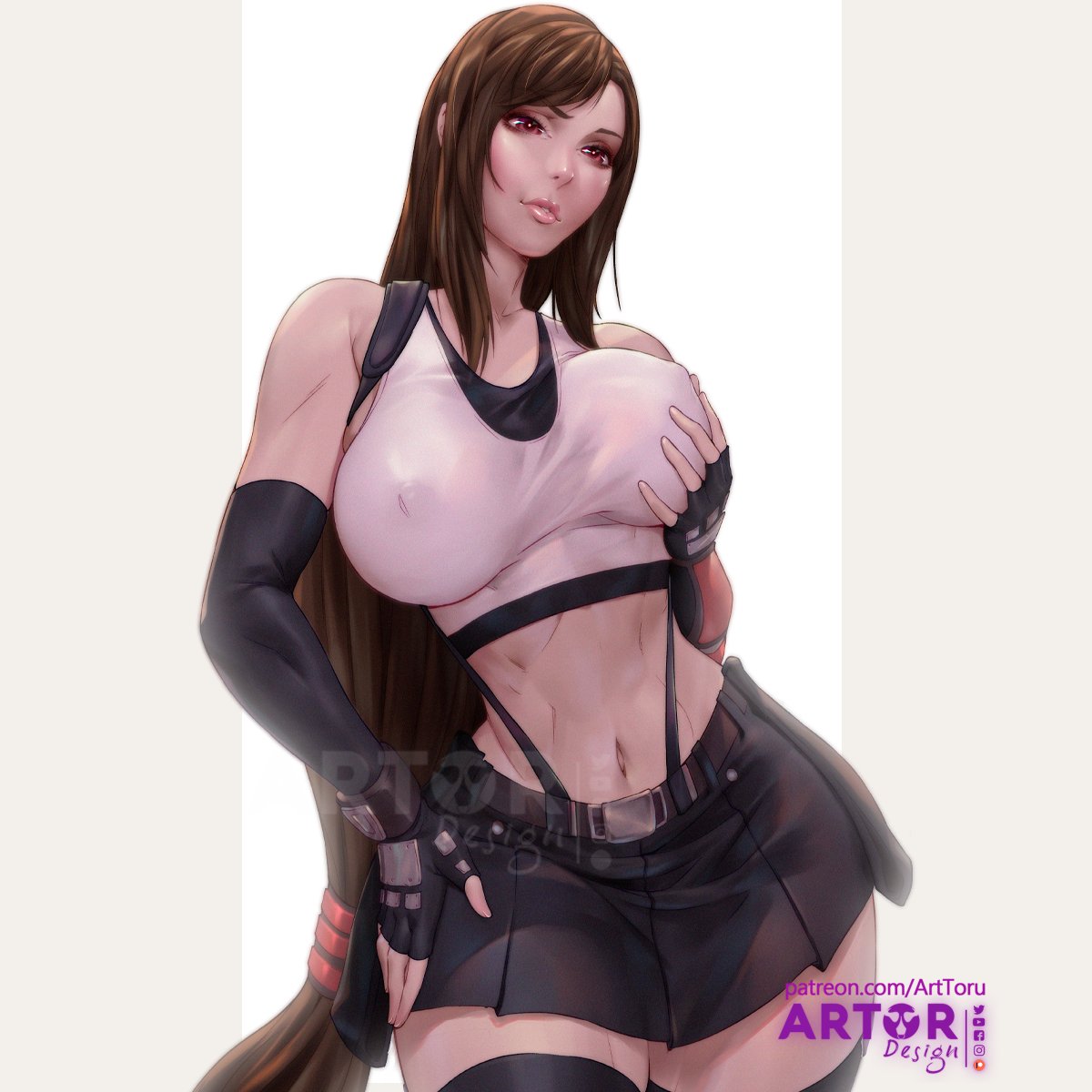 1girls arttoru big_breasts boob_lifting female female_only final_fantasy final_fantasy_vii huge_breasts skirt solo tifa_lockhart