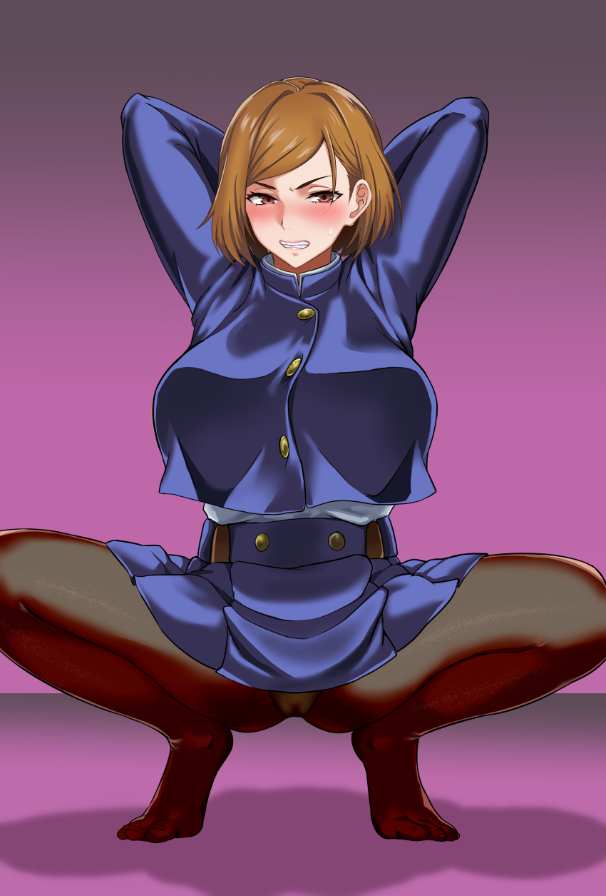 1girls, alternate breast size, breasts, brown hair, brown-haired female, female, jirusu, jujutsu kaisen, kugisaki nobara, pantyhose, skirt, solo, thick thighs, thighs