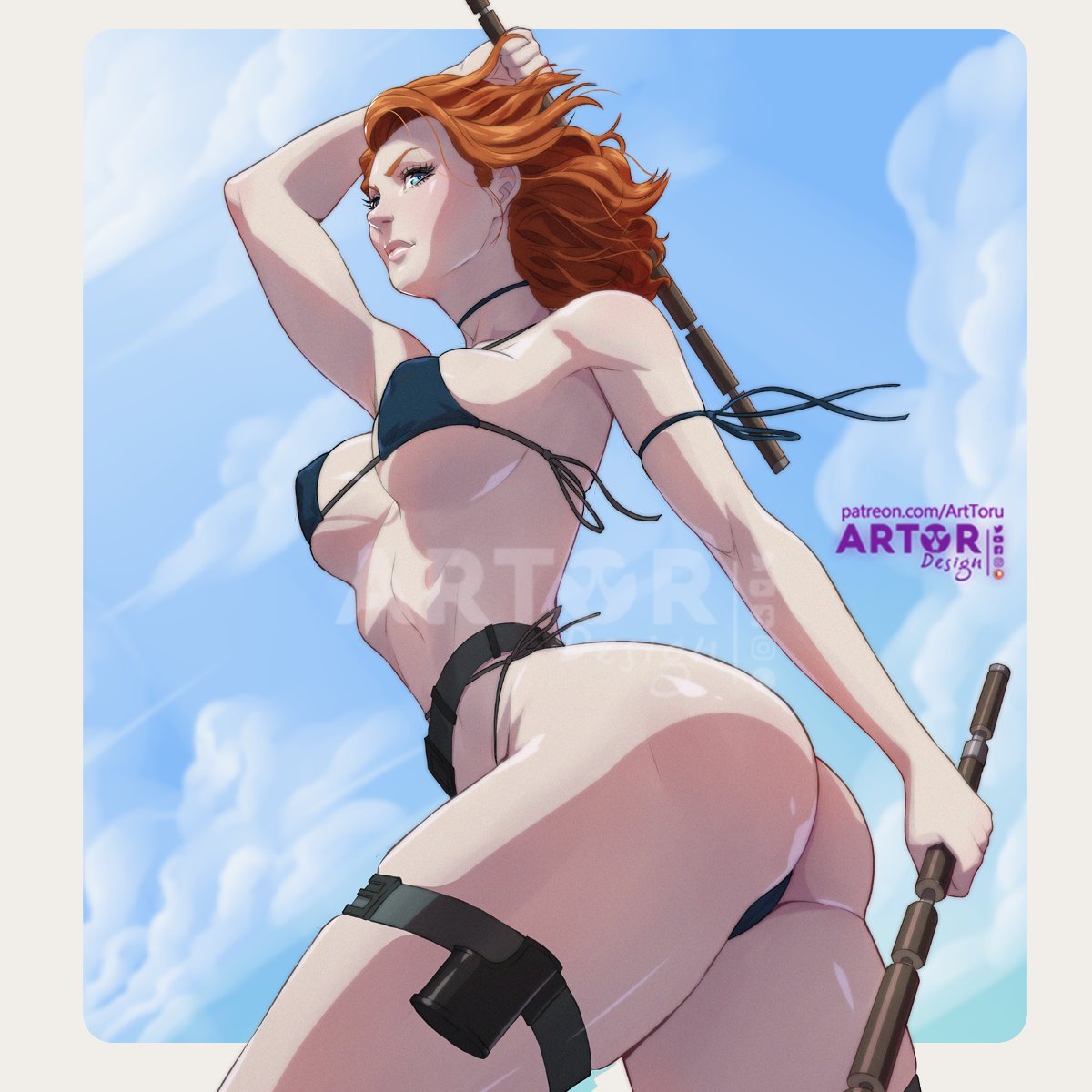 1girls, arttoru, ass, big ass, big breasts, bikini, black widow (marvel), breasts, female, female only, ginger, marvel, marvel cinematic universe, marvel comics, natasha romanoff, red hair, solo, swimsuit, thick thighs, thong, thong bikini