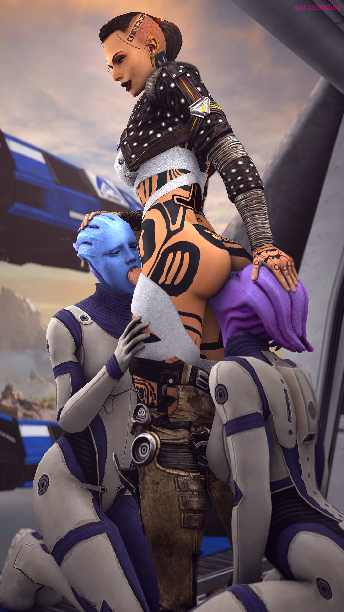 1futa, 2girls, 3d, asari, ass, blue plate special, erection, fellatio, female, from behind, futa on female, futanari, intersex, jack (mass effect), liara t'soni, mass effect, multiple females, multiple girls, oral, penis, rimming, sgtnewsboy, source filmmaker, tattoo, teamwork, threesome