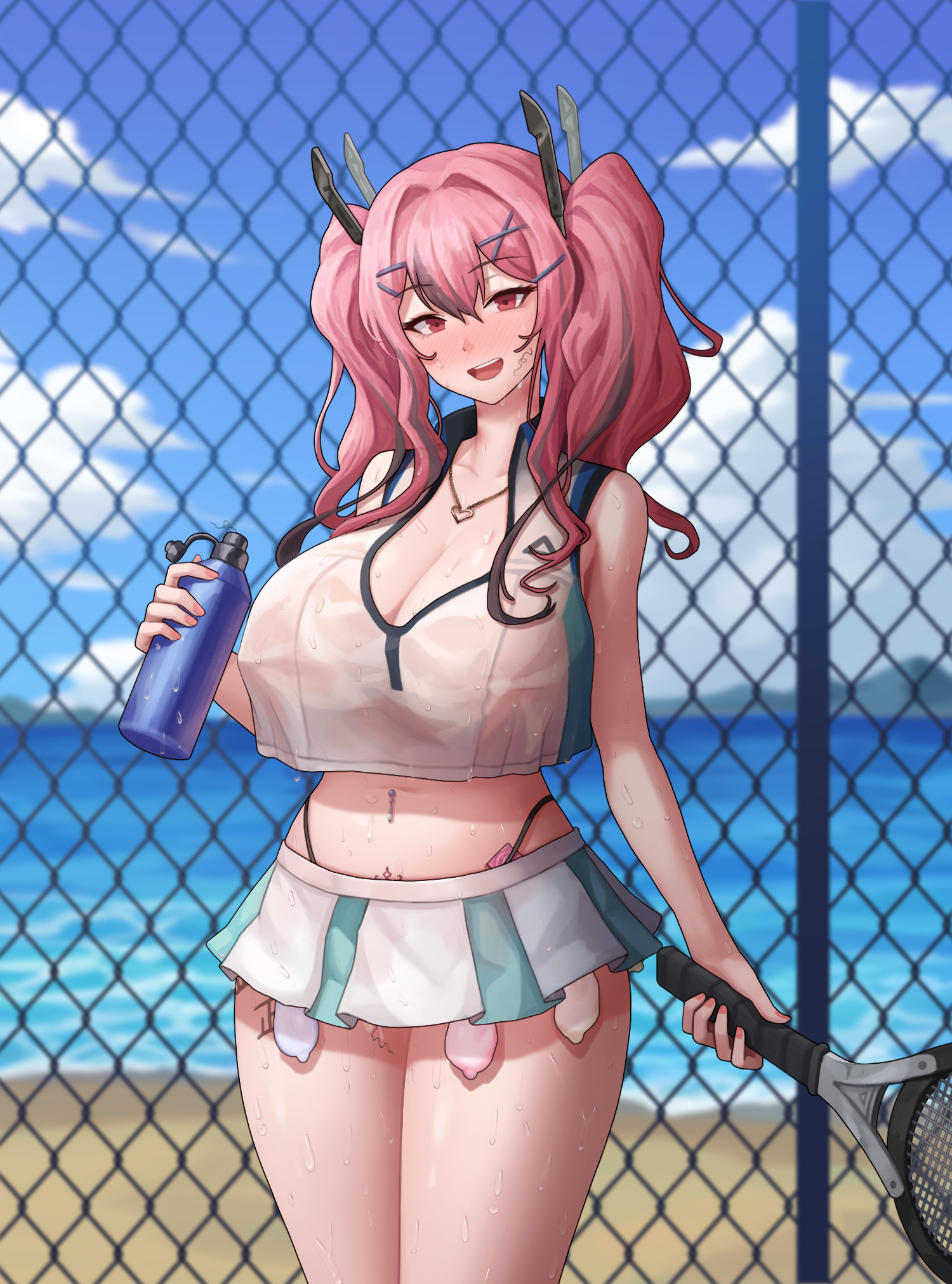 1girls, altered common sense, alternate version available, azur lane, belly, bremerton (azur lane), bremerton (scorching-hot training) (azur lane), change in common sense, common sense change, condom, condom accessories, condom belt, eagle union (azur lane), female, filled condom, filled condoms, happy trance, highleg, highres, holding, holding object, hypnotized female, light skin, light-skinned female, looking at viewer, midriff, mind alteration, miniskirt, navel, navel piercing, oblivious sexualization, oblivious to hypnosis, pierced belly button, pierced navel, piercing, pink eyes, pink hair, poper, public indecency, short skirt, skirt, standing, stray pubic hair, sweat, sweatdrop, thick thighs, thighs, thong above skirt, top, topwear, unaware, unaware hypnosis, unbothered, used condom, used condoms