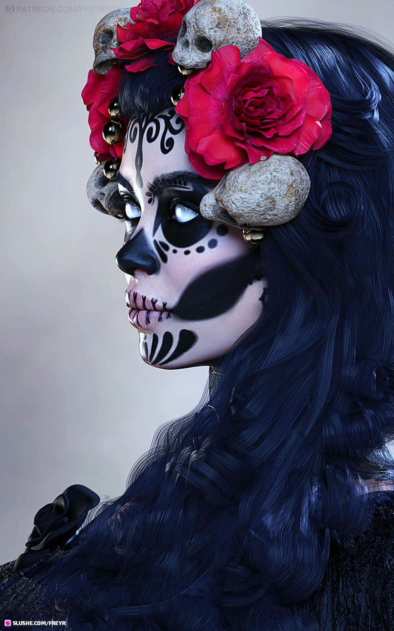 1girls 3d black_hair clothing dia_de_los_muertos female female_only flower_in_hair freyr gradient_background grey_body grey_skin halloween long_hair pale-skinned_female pale_skin pinup side_view simple_background skull skull_face skull_face_paint skull_hair_ornament slushe_(website) solo solo_female sugar_skull undead white_contact_lenses white_eyes