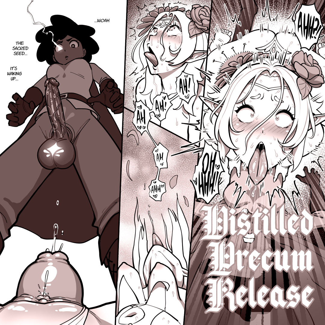 1futa, 1girls, ahe gao, comic, dark skin, dark-skinned futa, elf, erection, fellatrix, female, from behind, futa on female, futanari, interracial, intersex, light skin, light-skinned female, mimosa hostilis (fellatrix), monochrome, nell (fellatrix), no nut november, nude, nude female, penis, precum, precum drip, precum ejaculation, prolapse, prolapsed pussy, pussy, sex, size difference, speech bubble, sweat, text
