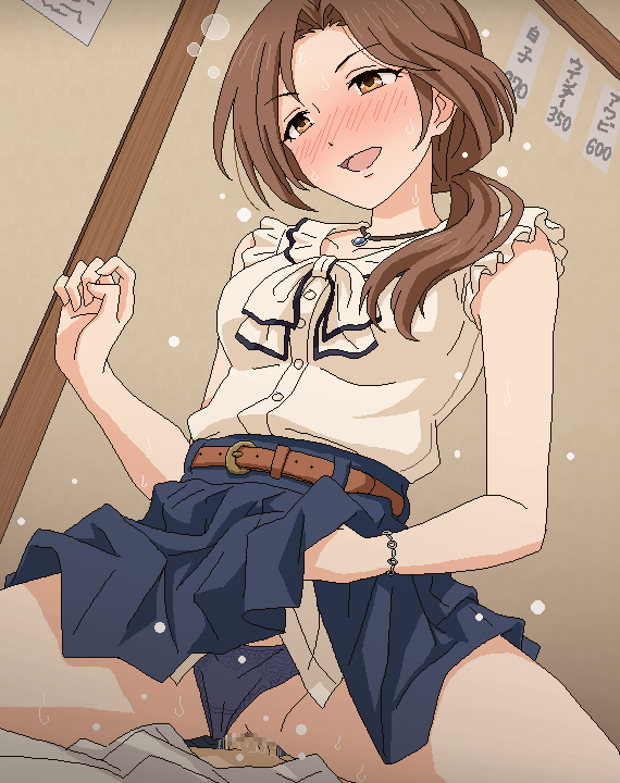 1boy belt blue_panties blue_skirt blush bracelet breasts brown_belt brown_eyes brown_hair censored clothed_sex clothing_aside collarbone commentary_request cowgirl_position cowgirl_position eyebrows_visible_through_hair female idolmaster idolmaster_cinderella_girls indoors jaggy_line jewelry kawashima_mizuki medium_breasts mosaic_censoring necklace nose_blush open_mouth panties panties_aside penis ponytail pussy sex shirt skirt sleeveless sleeveless_shirt smile solo_focus straddling straight sweat thighs tomu_(tomubobu) underwear vaginal_penetration white_shirt