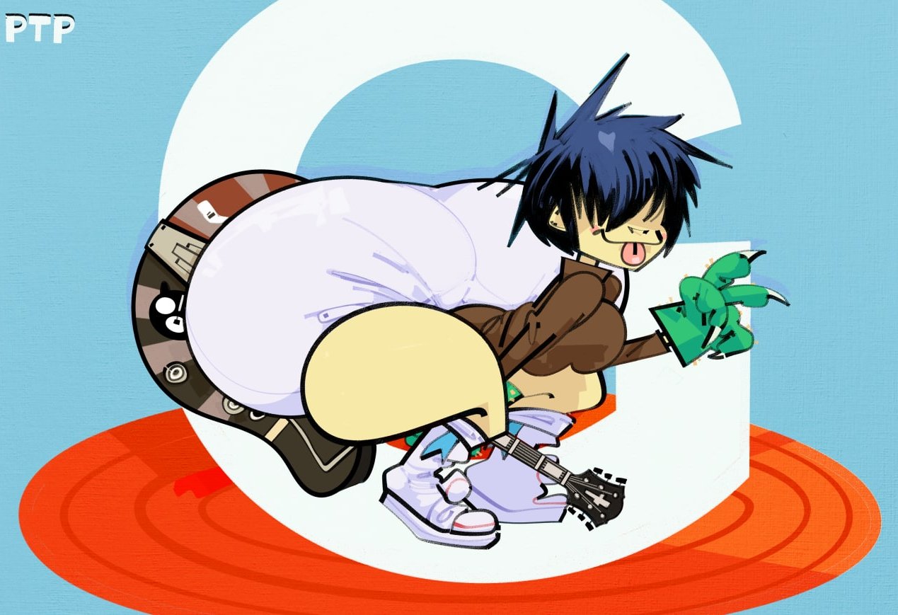 1girls alternate_version_available bent_over edit gorillaz guitar huge_ass massive_ass music_(culture) musician noodle_(desole) noodle_(gorillaz) puntthepoodle shorts thick_thighs tongue_out