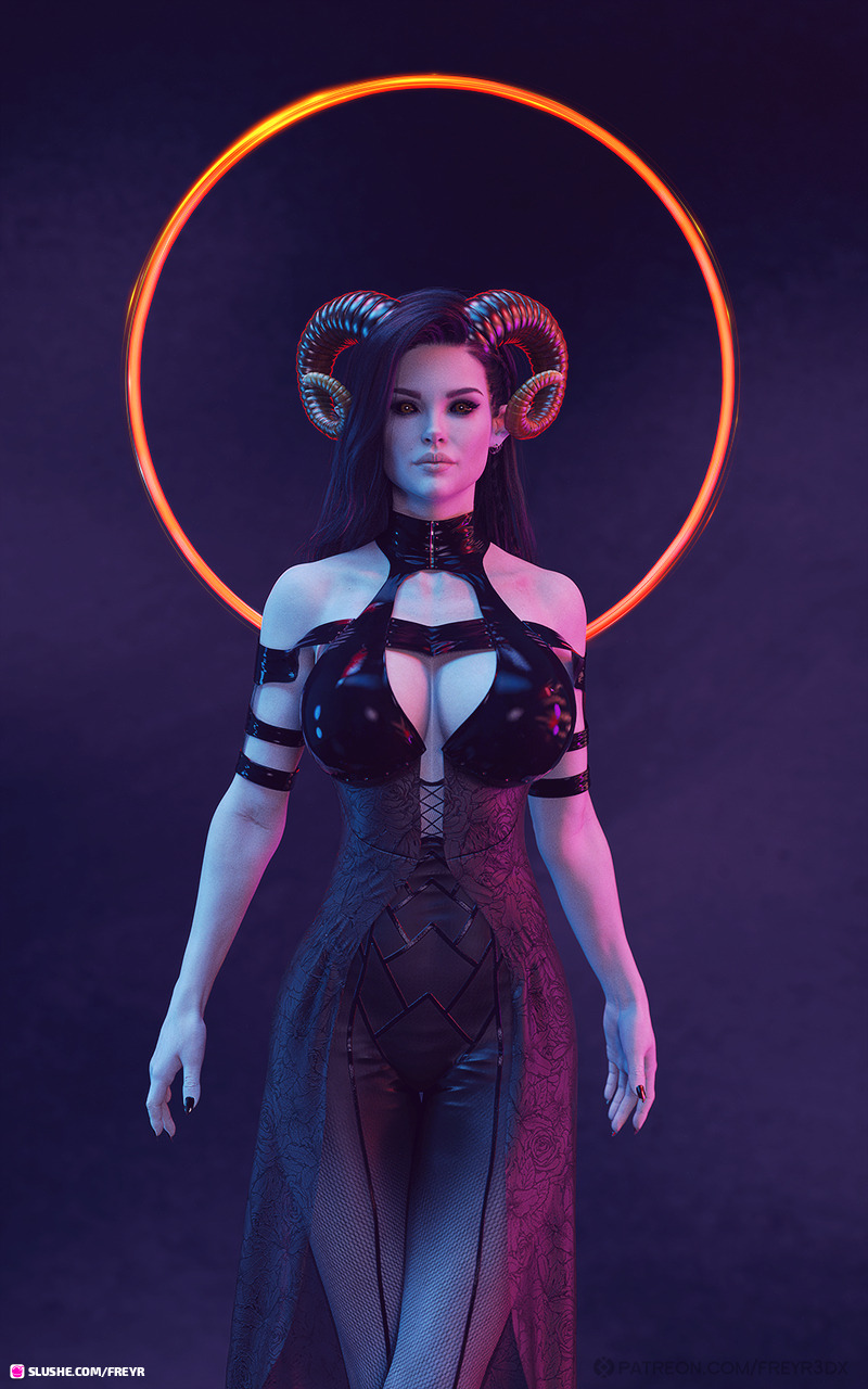 1girls 3d black_hair corset curved_horn demon demon_girl dress female female_only fishnet_legwear fishnets freyr front_view horns large_breasts long_hair looking_at_viewer narrow_waist pale-skinned_female pale_skin pinup slushe_(website) solo solo_female succubus