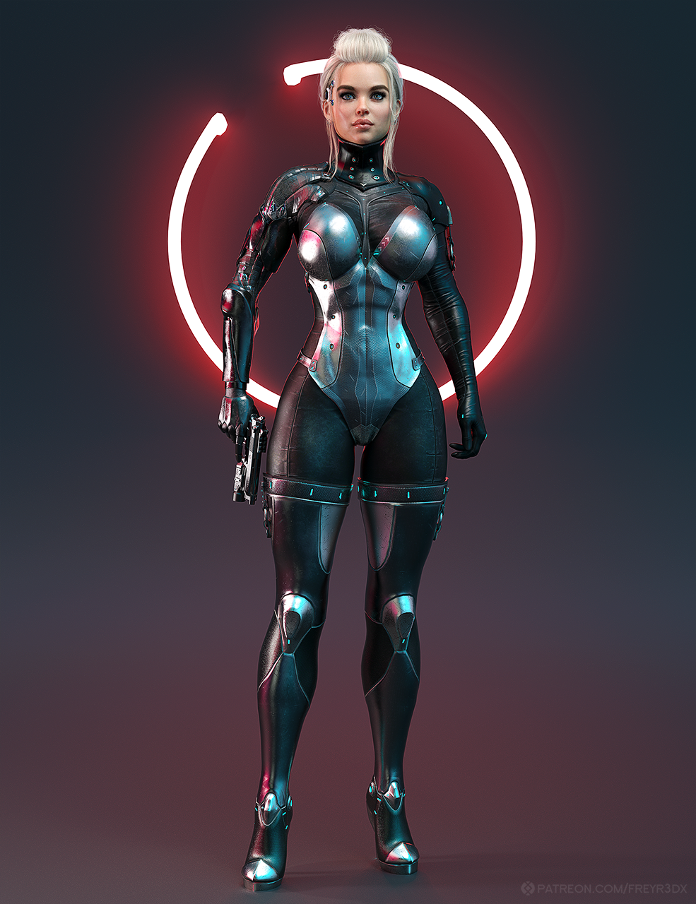 1girls 3d armor blonde_hair bodysuit cute female female_only freyr front_view gun high_heels large_breasts pinup sci-fi science_fiction short_hair simple_background slushe_(website) solo solo_female thighhighs wide_hips