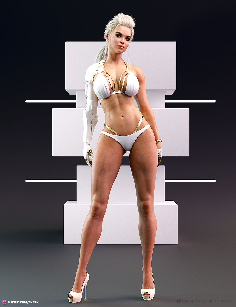 1girls 3d abs bikini blonde_hair bracelet cute cyborg female female_only freyr front_view gold_bikini high_heels large_breasts mechanical_arm pinup ponytail prosthetic prosthetic_arm sci-fi science_fiction see-through simple_background slushe_(website) solo solo_female standing stiletto_heels two-tone_bikini very_high_heels white_bikini white_high_heels wide_hips