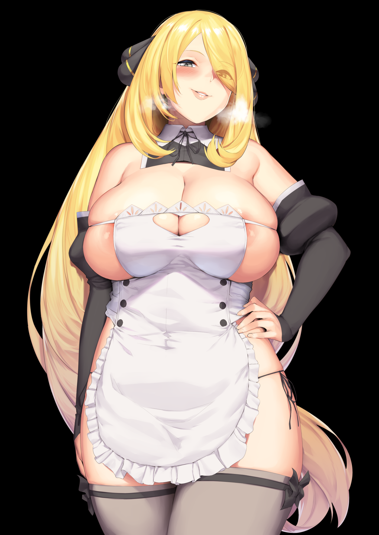 1girls, alternate costume, breasts, curvaceous, curvy, curvy figure, cynthia (pokemon), feet out of frame, female, game freak, hakai shin, hi res, high resolution, huge breasts, human, long hair, looking at viewer, maid, maid apron, maid uniform, nintendo, pokemon, standing, thick thighs, voluptuous