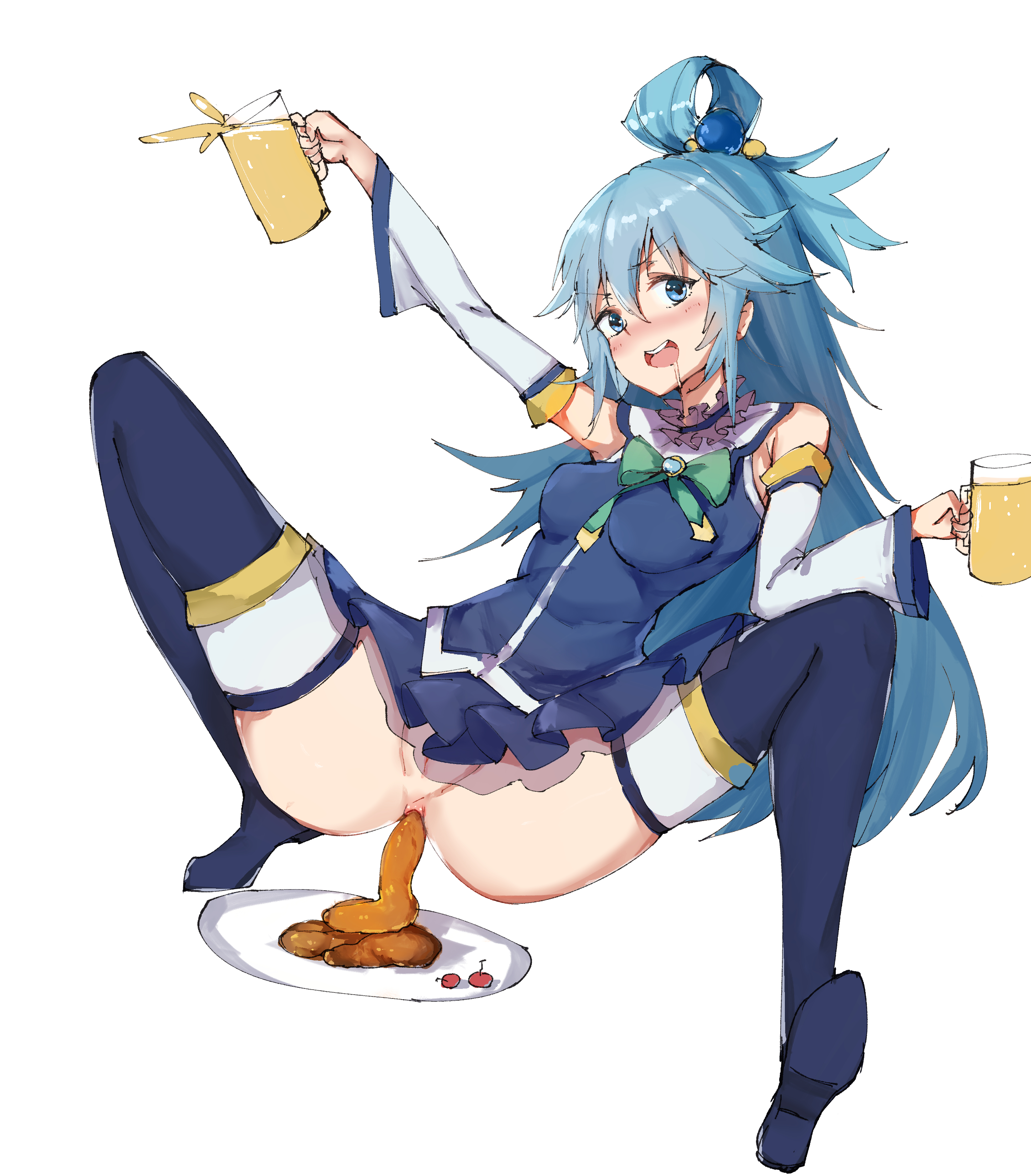 aqua (konosuba), blue eyes, blue hair, blush, clothing, cup, dr.k, drooling, drunk, female, holding, holding object, kono subarashii sekai ni shukufuku wo!, long hair, plate, scat, serving beverage, serving feces, sitting, stockings
