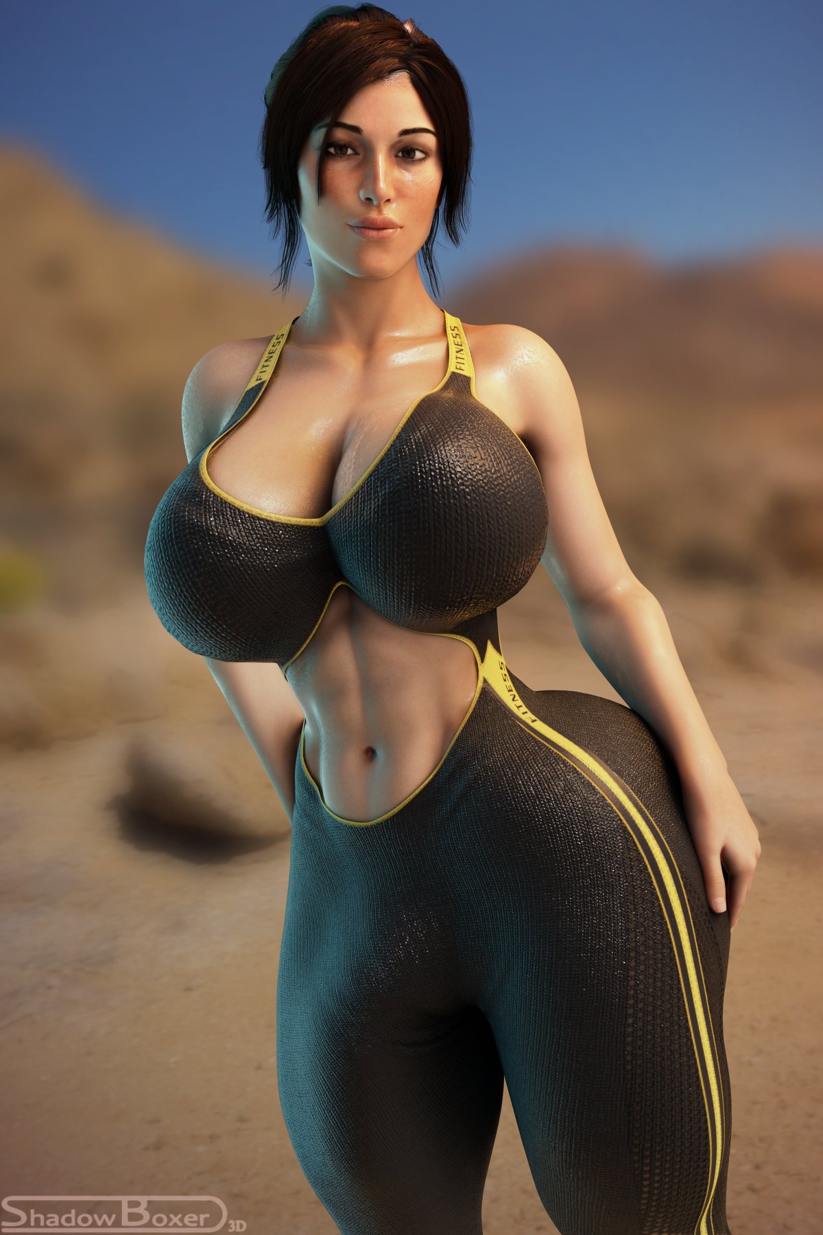 1futa, 3d, ass, blender, breasts, bulge, cameltail, detailed bulge, erection under clothes, futa only, futanari, huge ass, huge breasts, intersex, lara croft, lara croft (survivor), penis, penis under clothes, shadowboxer, solo, thick thighs, tomb raider, tomb raider (survivor), wide hips
