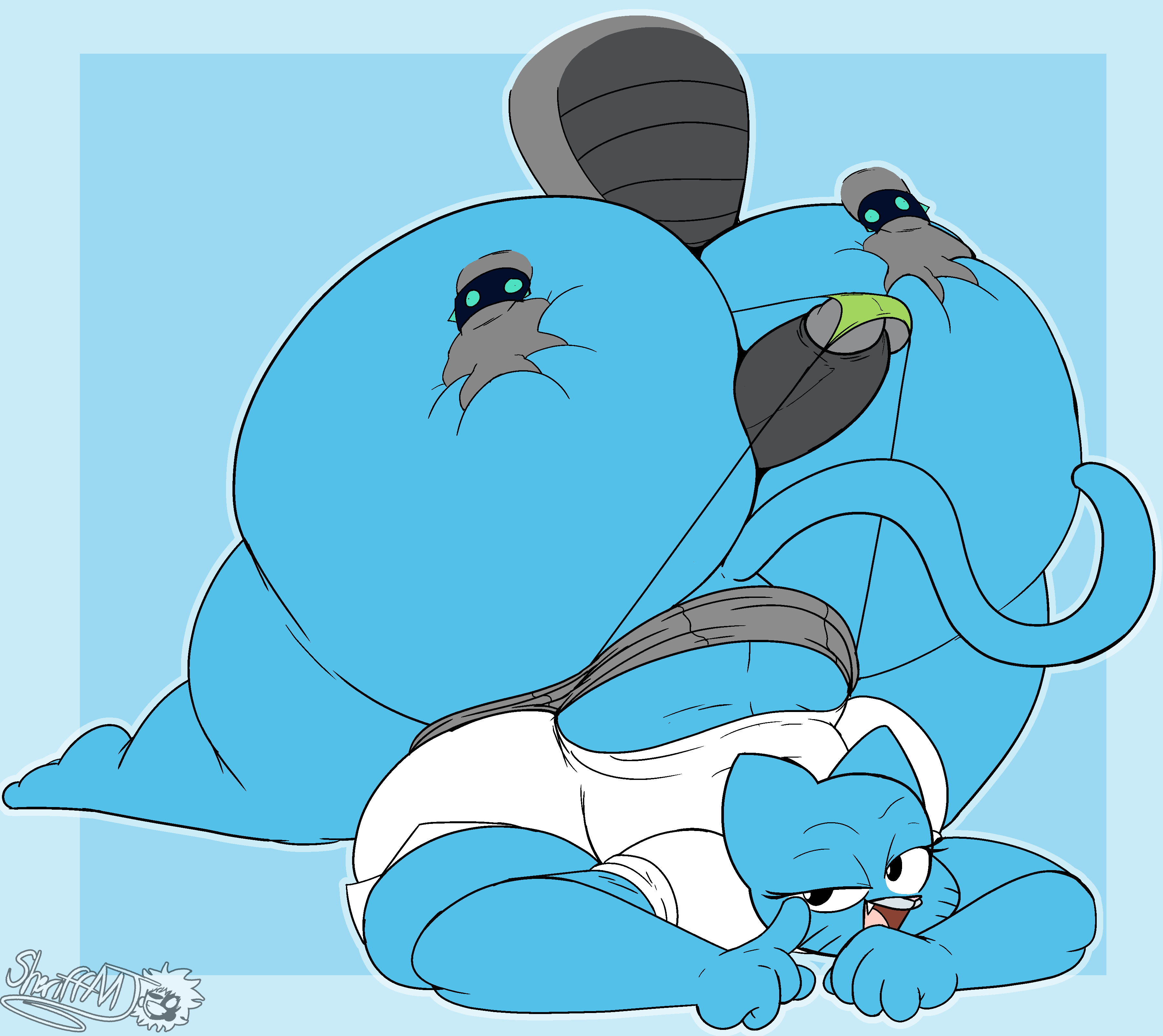 2021, absurd res, alternate breast size, anthro, ass, ass grab, ass up, assjob, big ass, big breasts, big butt, big penis, breasts, butt grab, buttjob, cartoon network, clothing, covered assjob, covered buttjob, digital media (artwork), domestic cat, duo, face down ass up, fat ass, felid, feline, felis, female, genitals, hand on ass, hand on butt, hi res, hot dogging, huge ass, huge breasts, huge butt, huge cock, looking back, male, male/female, mammal, masterj291, nicole watterson, penis, simple background, the amazing world of gumball, thick thighs, thong, underwear, wedgie