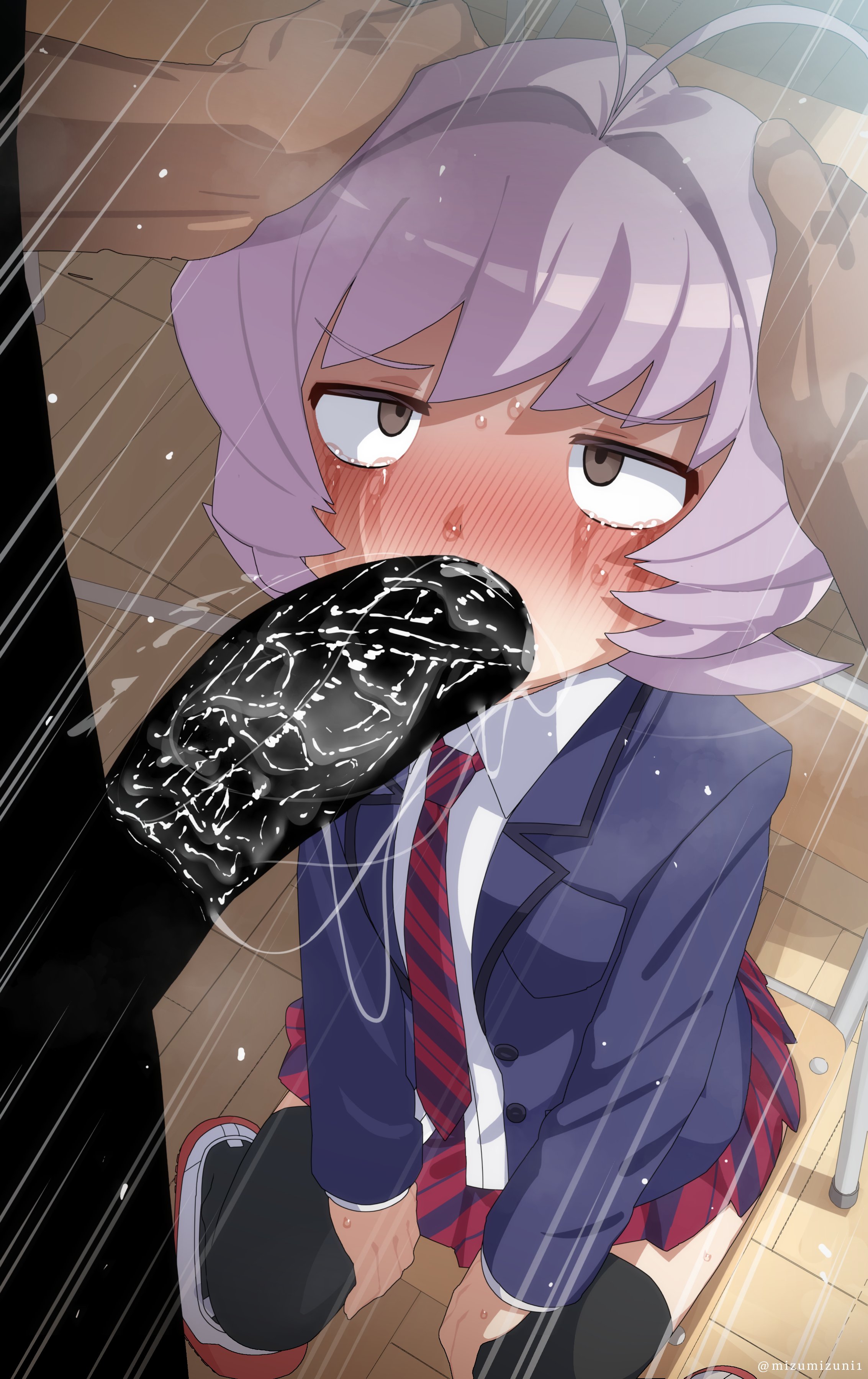 1boy, ambiguous gender, big penis, blowjob, blush, censored, dark penis, fellatio, femboy, flat chest, forced, forced oral, hand on head, huge cock, komi-san wa komyushou desu, large penis, male, mizumizuni, oral, osana najimi, penis, purple eyes, purple hair, rape, saliva, school uniform, short hair, sitting, sitting on chair, skirt, sweat, tears, thighhighs, thighs, trap, trembling, veiny penis