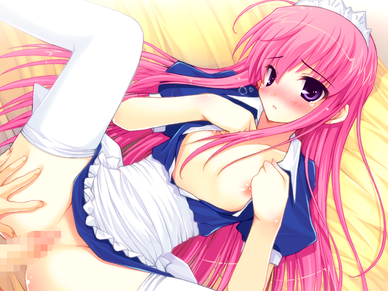 1boy amane_sou apron bangs bed_sheet blue_shirt blush censored clothes_lift collarbone collared_shirt eyebrows_visible_through_hair female flat_chest from_above game_cg hair_between_eyes hime_x_hime imminent_penetration imminent_vaginal kujouin_saki legs_up long_hair lying maid_headdress miniskirt mosaic_censoring nipples official_art on_back open_clothes open_shirt parted_lips penis pink_hair purple_eyes shiny shiny_hair shirt short_sleeves skirt skirt_lift solo_focus spread_legs tears thighhighs very_long_hair waist_apron white_apron white_legwear white_skirt wing_collar