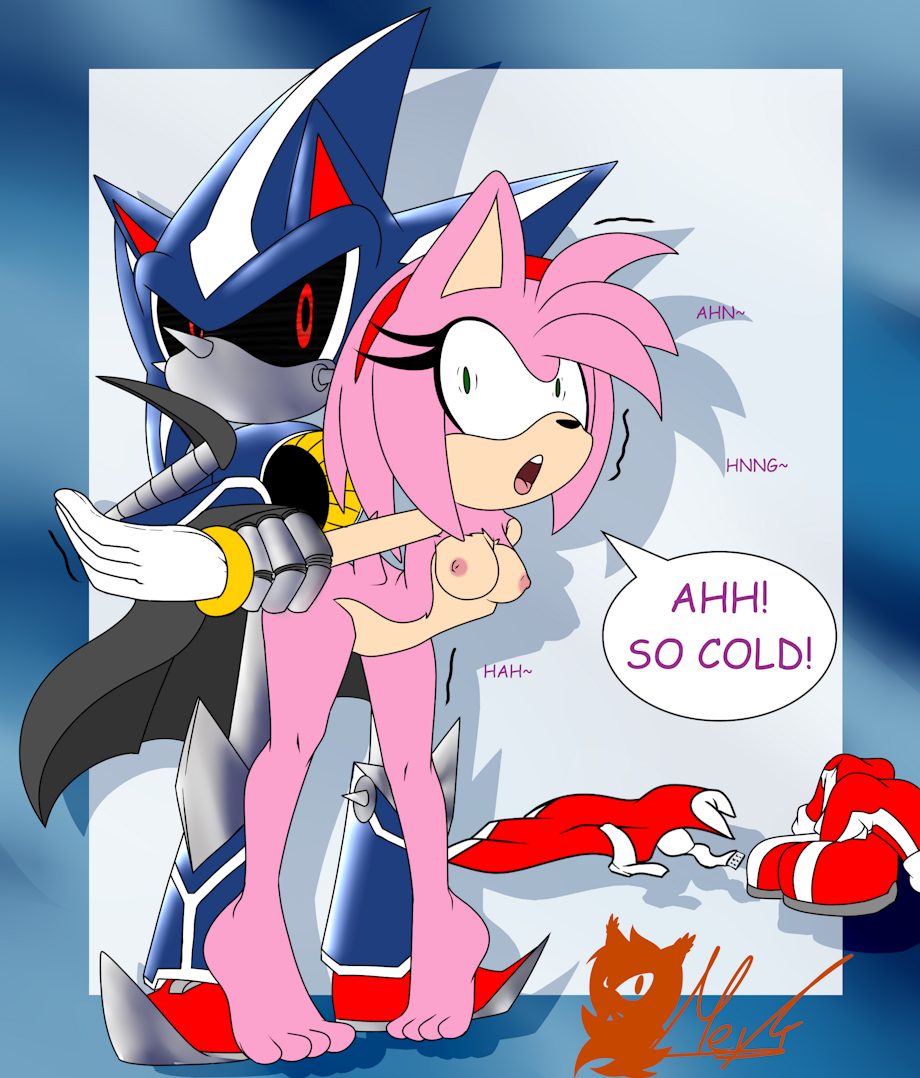 amy_rose breasts cape clothes_on_floor comic_sans eulipotyphlan female framed_background gloves green_eyes gripping hedgehog looking_at_partner machine male metal_sonic meyk moaning neo_metal_sonic nipples open_mouth penetration pink_fur pink_hair plain_background red_eyes ring robot sega shaking shoulder_pads signature small_pupils sonic_(series) sonic_the_hedgehog_(series) speech_bubble spikes standing_sex text