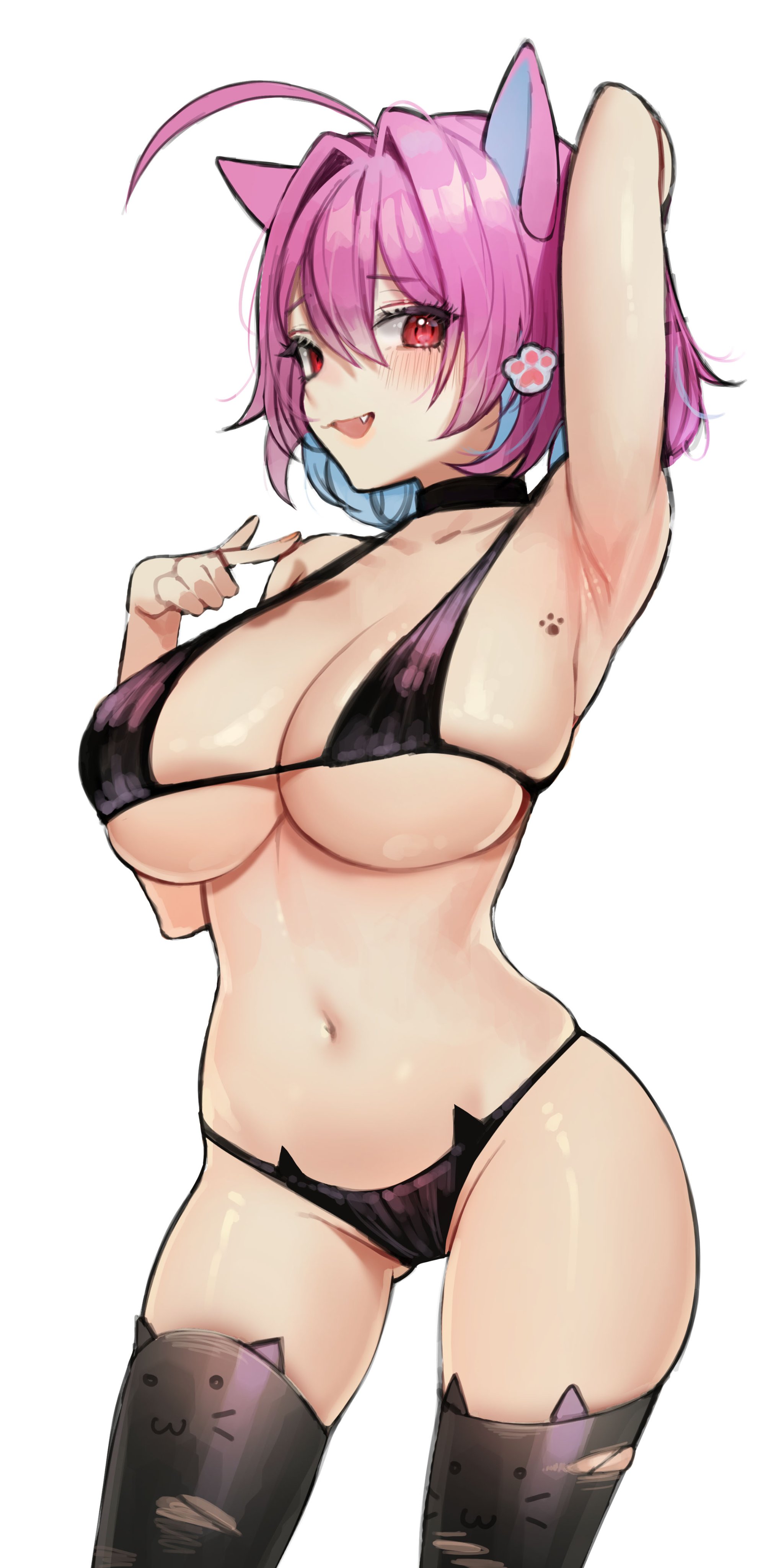 1girls, 2021, absurdres, ahoge, animal ear legwear, animal ears, arm behind head, armpits, bangs, bare shoulders, bikini, black bikini, black choker, black legwear, blue hair, blush, breasts, cat ears, choker, cleavage, cowboy shot, eyebrows visible through hair, female, female focus, female only, gg amang, hair between eyes, hand up, highres, idolmaster, idolmaster cinderella girls, kemonomimi mode, large breasts, looking at viewer, multicolored hair, navel, oerba yun fang, paw hair ornament, pink hair, red eyes, short hair, solo, solo female, standing, stomach, swimsuit, thighhighs, white background, yumemi riamu