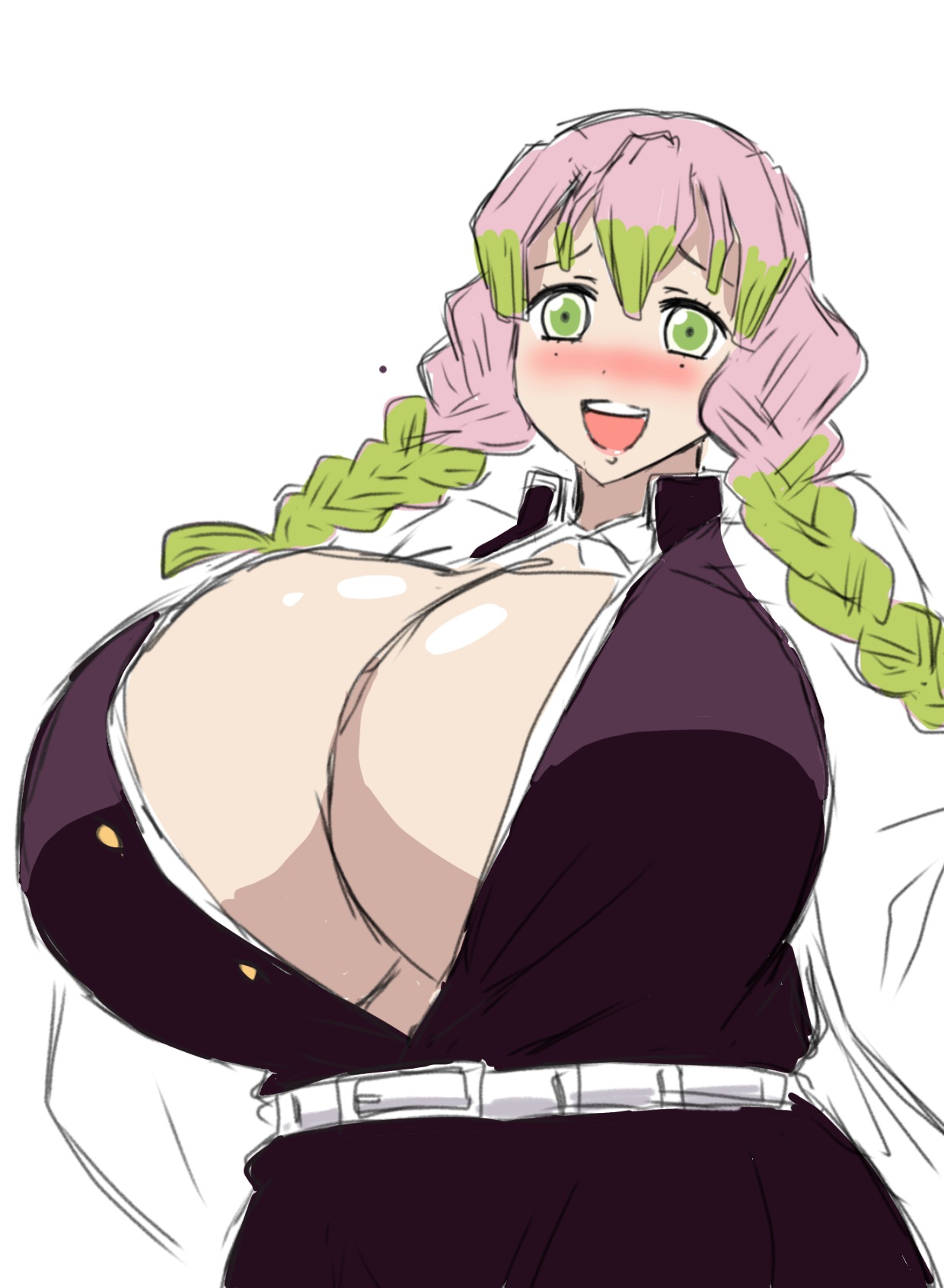 1girls, bangs, belt, big breasts, blush, braid, braided hair, breasts, cleavage, clothing, demon slayer, enormous breasts, eyelashes, female, female focus, female only, gigantic breasts, green eyes, haori, highres, huge breasts, human, kanroji mitsuri, kimetsu no yaiba, large breasts, lips, long hair, looking at viewer, massive breasts, mole under eye, momiji (artist), multicolored hair, no bra, open clothes, open mouth, open shirt, pink hair, revealing clothes, simple background, skimpy, smile, solo, solo female, teeth, tongue, two-tone hair, uniform, voluptuous, white background