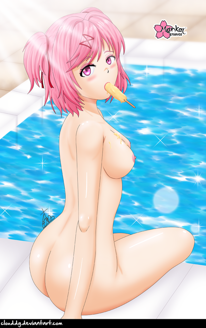 1girls, areolae, ass, breasts, cleavage, clouddg, doki doki literature club, female, looking at viewer, naked, natsuki (doki doki literature club), nipples, nude, nudist, popsicle, solo, tagme, thighs