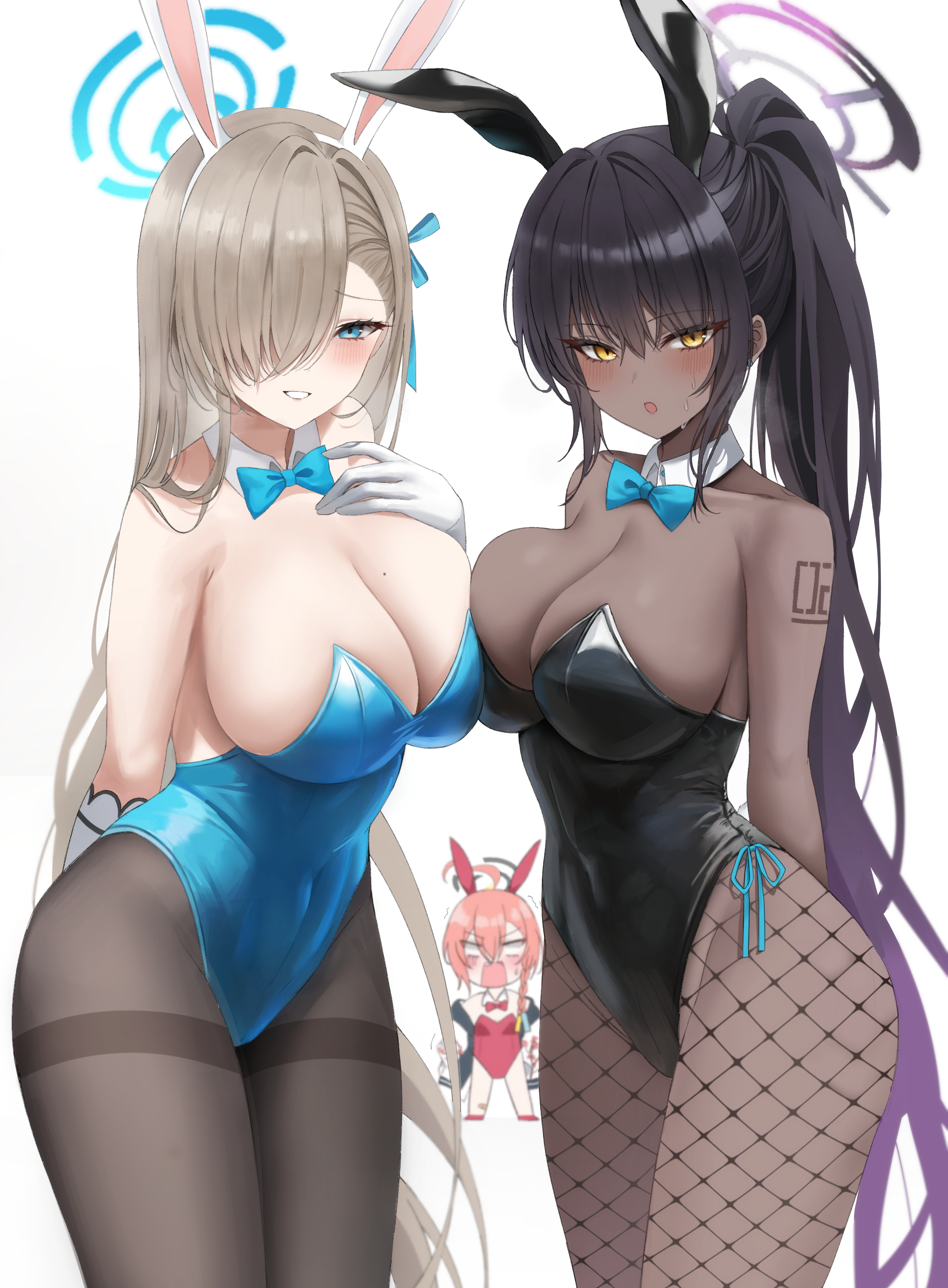 2girls, 3girls, absurdres, ahoge, animal ears, asuna (blue archive), asuna (bunny) (blue archive), bangs, bare shoulders, biya, black hair, black leotard, blue archive, blue eyes, blue leotard, blush, breast to breast, breasts, brown legwear, chocolate and vanilla, cleavage, dark skin, dark-skinned female, detached collar, duo focus, elbow gloves, fake animal ears, female, fishnet legwear, fishnets, gloves, grin, hair over one eye, highleg, highleg leotard, highres, karin (blue archive), karin (bunny) (blue archive), large breasts, leotard, light brown hair, long hair, looking at viewer, mole, mole on breast, multiple females, multiple girls, neru (blue archive), neru (bunny) (blue archive), open mouth, orange hair, pantyhose, playboy bunny, ponytail, rabbit ears, red leotard, short hair, sidelocks, smile, thighs, white gloves, yellow eyes