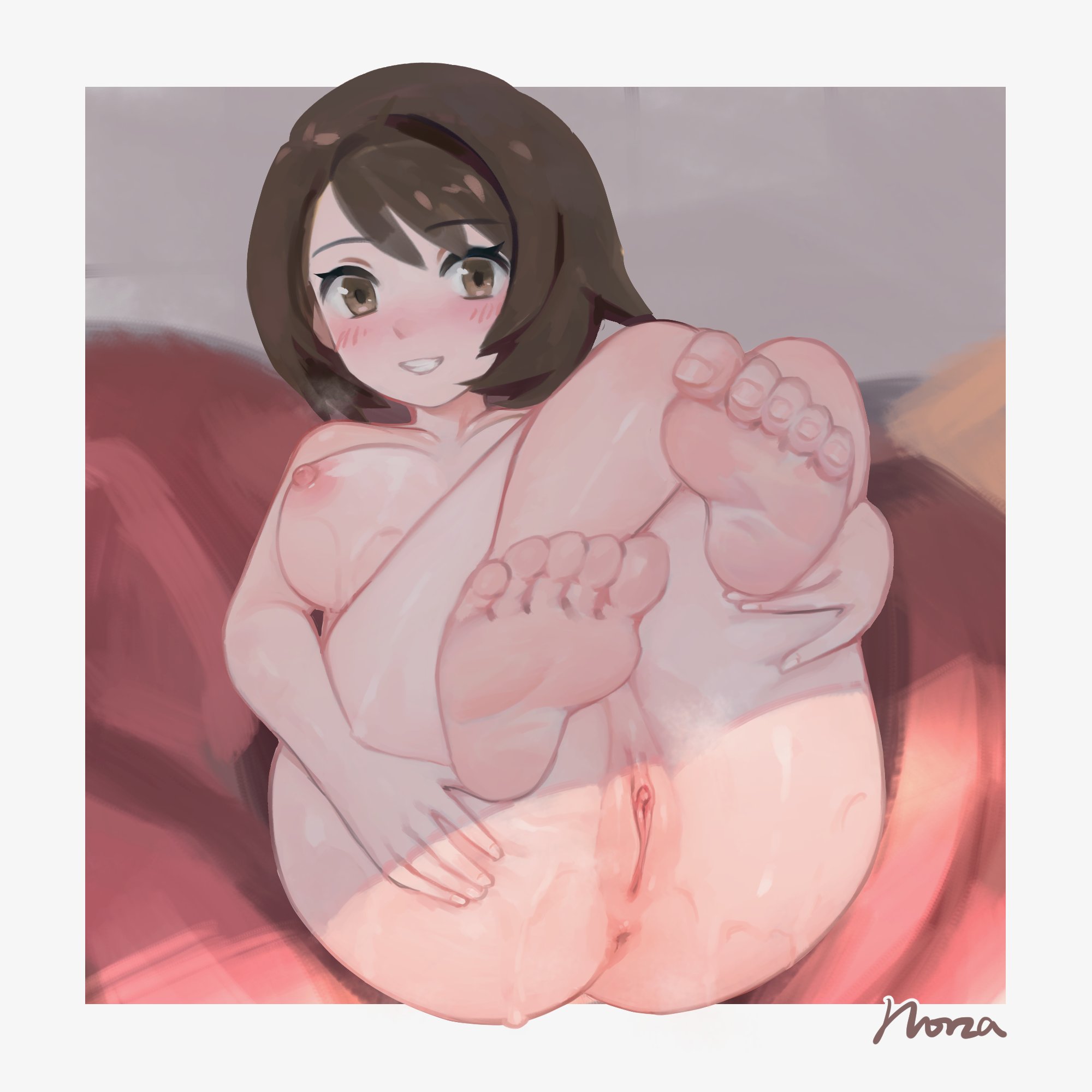 1:1, 1girls, alternate version available, anus, areolae, ass, barefoot, big breasts, blush, breasts, brown eyes, brown hair, clitoral hood, clitoris, feet, feet focus, feet towards viewer, female, female protagonist, foot fetish, gloria (pokemon), looking at viewer, nintendo, nipples, norza, nude, nude female, pokemon, pokemon ss, presenting, presenting anus, presenting pussy, pussy, short hair, smile, solo, thighs, uncensored