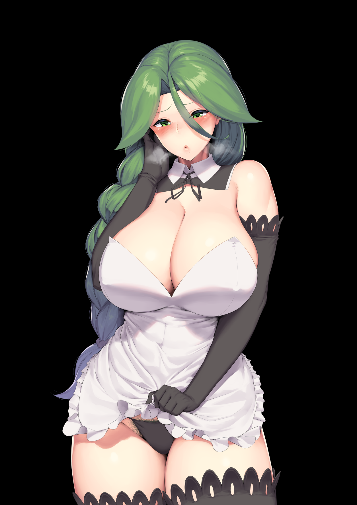 1girls, alternate costume, black panties, blush, breasts, cheryl (pokemon), curvaceous, curvy, curvy figure, embarrassed, feet out of frame, female, female only, game freak, hakai shin, hi res, high resolution, huge breasts, human, long hair, looking at viewer, maid, maid apron, maid uniform, mature female, nintendo, panties, pokemon, pokemon dppt, pubic hair, skirt lift, standing, stockings, thick thighs, voluptuous
