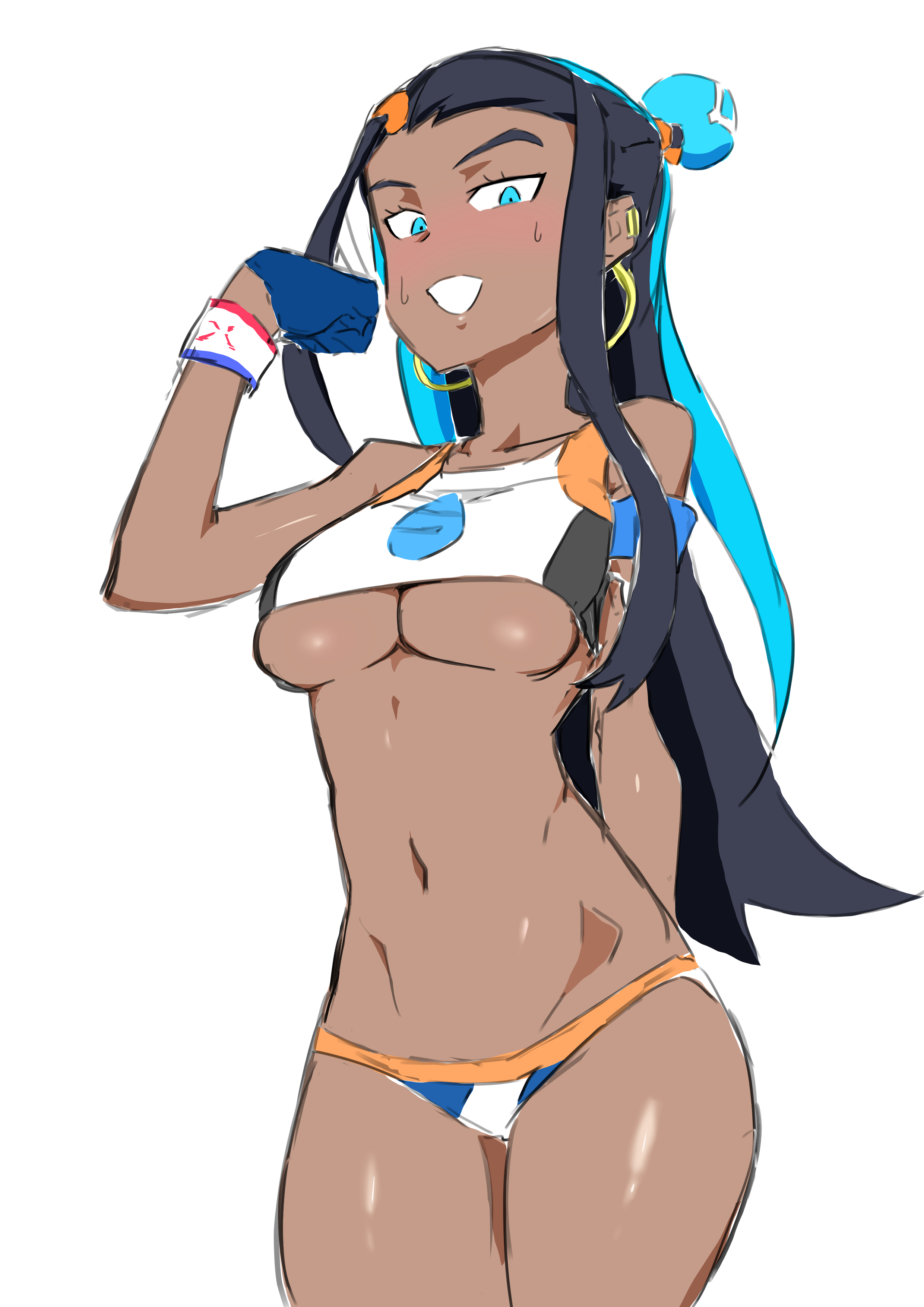1girls, artist request, big breasts, black hair, breasts, busty, dark skin, dark-skinned female, female, female only, large breasts, long hair, midriff, nessa (pokemon), pokemon, pokemon ss, smile, solo, solo female, thick thighs, underboob