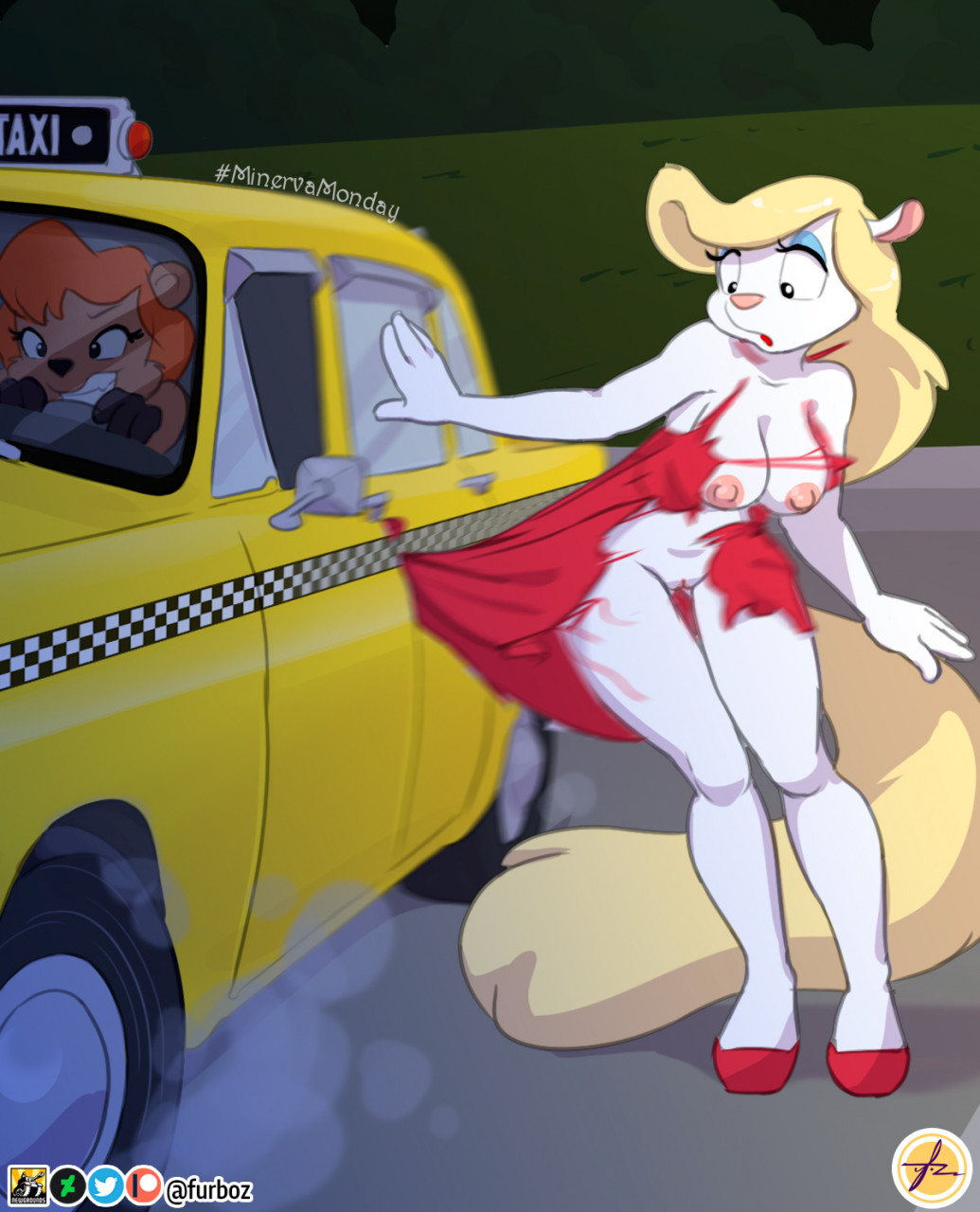 animaniacs anthro breasts clothed clothing commercial_vehicle dress duo female furboz genitals hi_res high_heels julie_bruin mammal minerva_mink mink motion_blur mustelid musteline nipples no_underwear public_transportation pussy taxicab tiny_toon_adventures torn_clothing torn_dress true_musteline ursid vehicle vehicle_for_hire warner_brothers