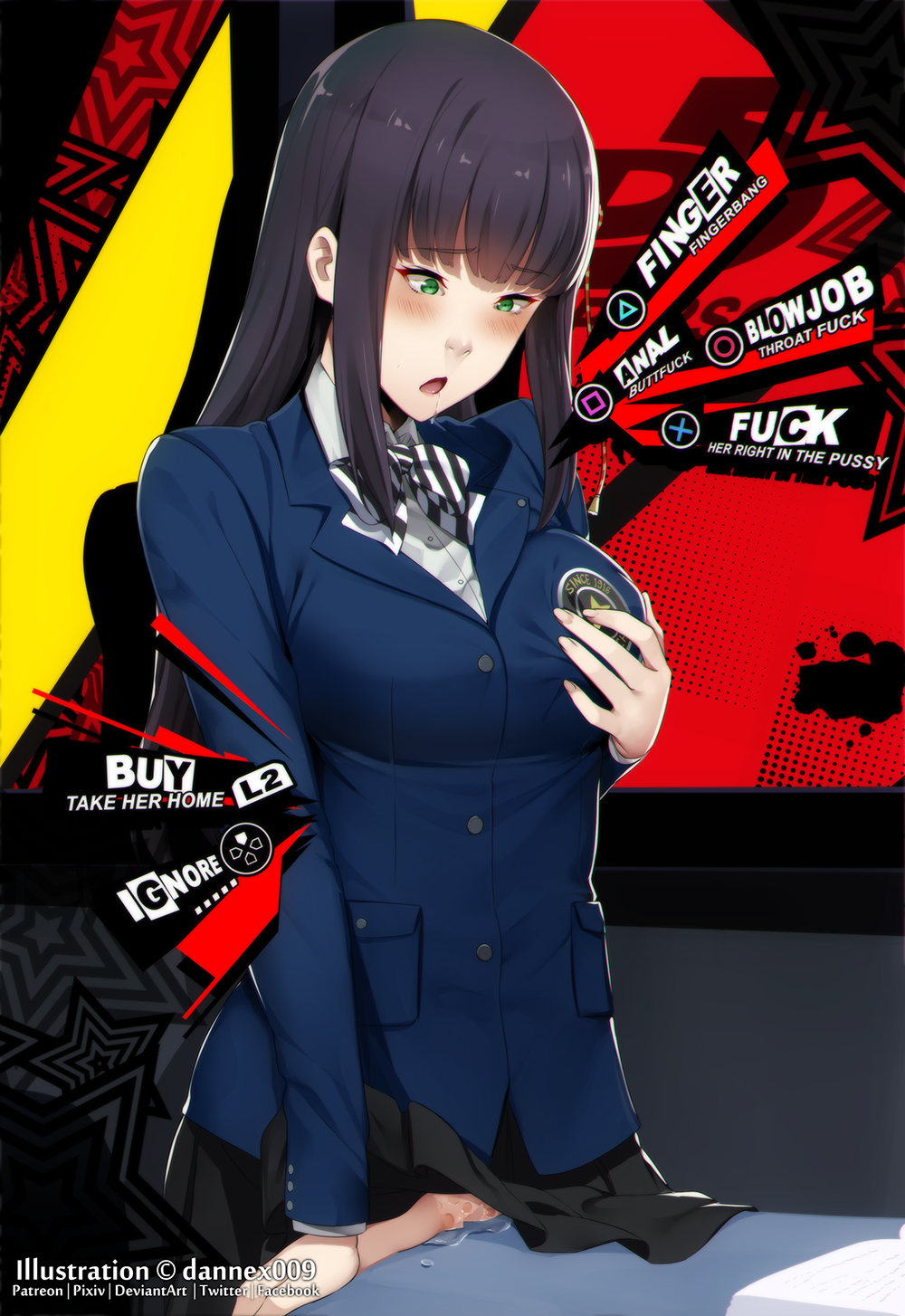 1girls artist_name bangs black_hair black_skirt blush bow bowtie breasts censored clothes_lift collared_shirt commentary crotch_rub dannex009 english_commentary english_text eyebrows_visible_through_hair female gameplay_mechanics green_eyes hair_ornament hand_up hifumi_togo highres large_breasts long_hair masturbation mosaic_censoring no_panties open_mouth persona persona_5 pussy pussy_juice shirt skirt skirt_lift solo striped striped_bow striped_bowtie text underwear