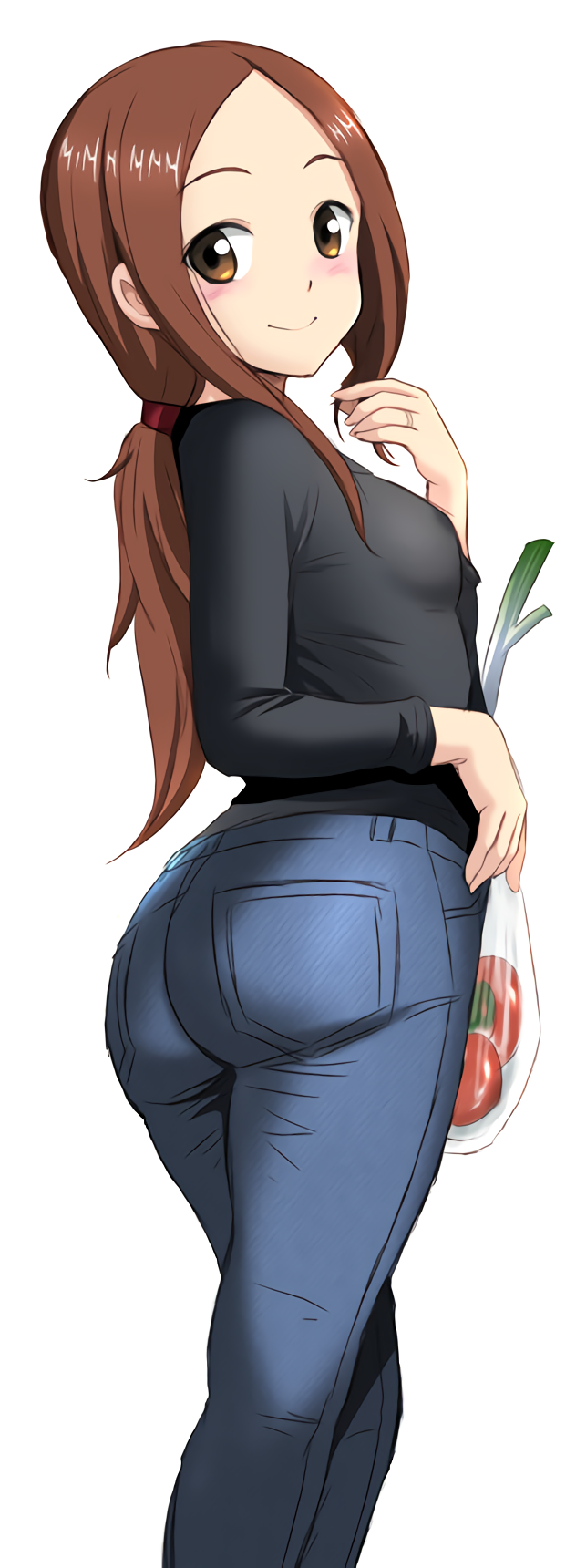 1girls age_progression aged_up ass breasts brown_hair bubble_butt dat_ass denim female female_only food harukigenia highres jeans karakai_jouzu_no_takagi-san long_hair looking_back mature_female milf pants sideboob small_breasts smile solo takagi-san tomato vegetable wholesome