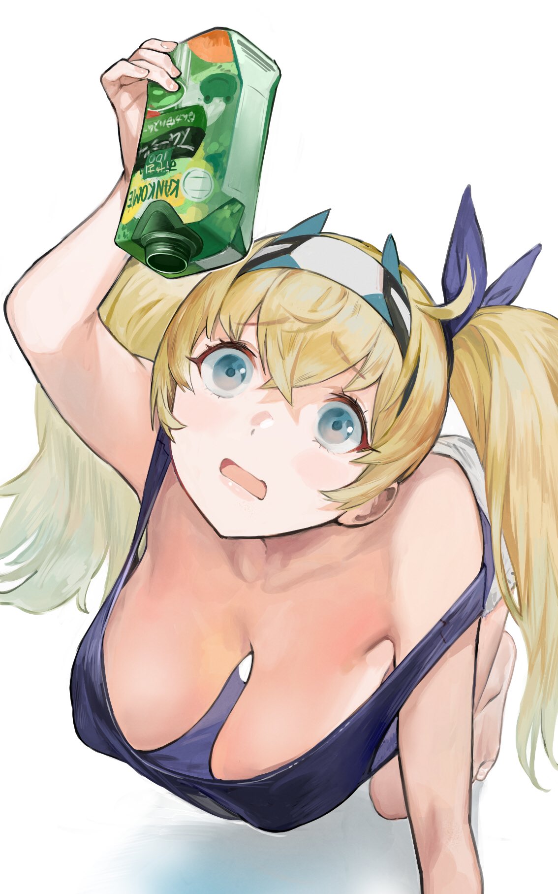 barefoot big_breasts blonde_hair blue_eyes female female_only gambier_bay_(kantai_collection) hairband hairbow high-angle_view holding_object huge_breasts kantai_collection long_hair looking_up nipple_bulge no_bra nonco off_shoulder solo tank_top twintails wide_eyed